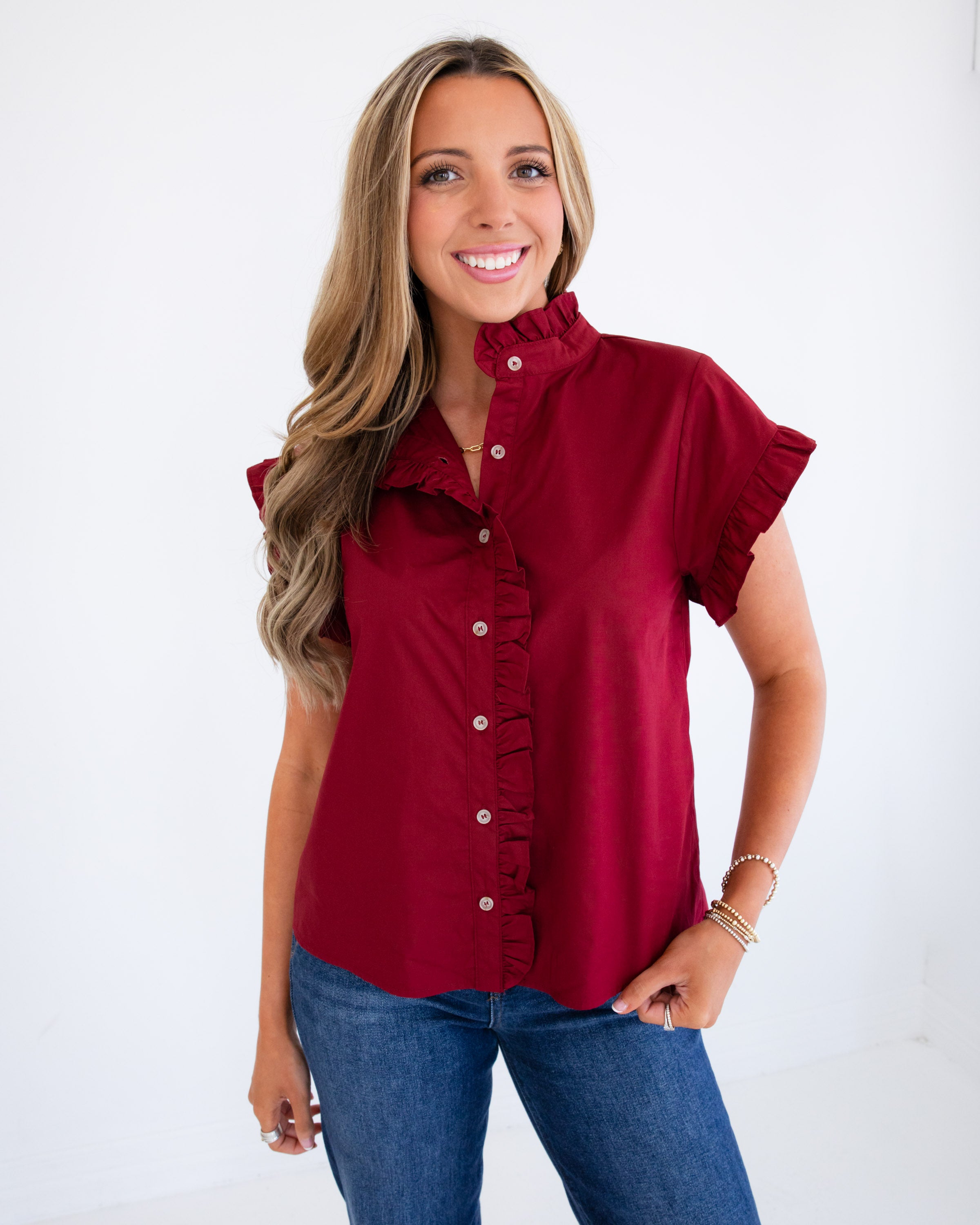Drop Shoulder Ruffle Top in Burgundy