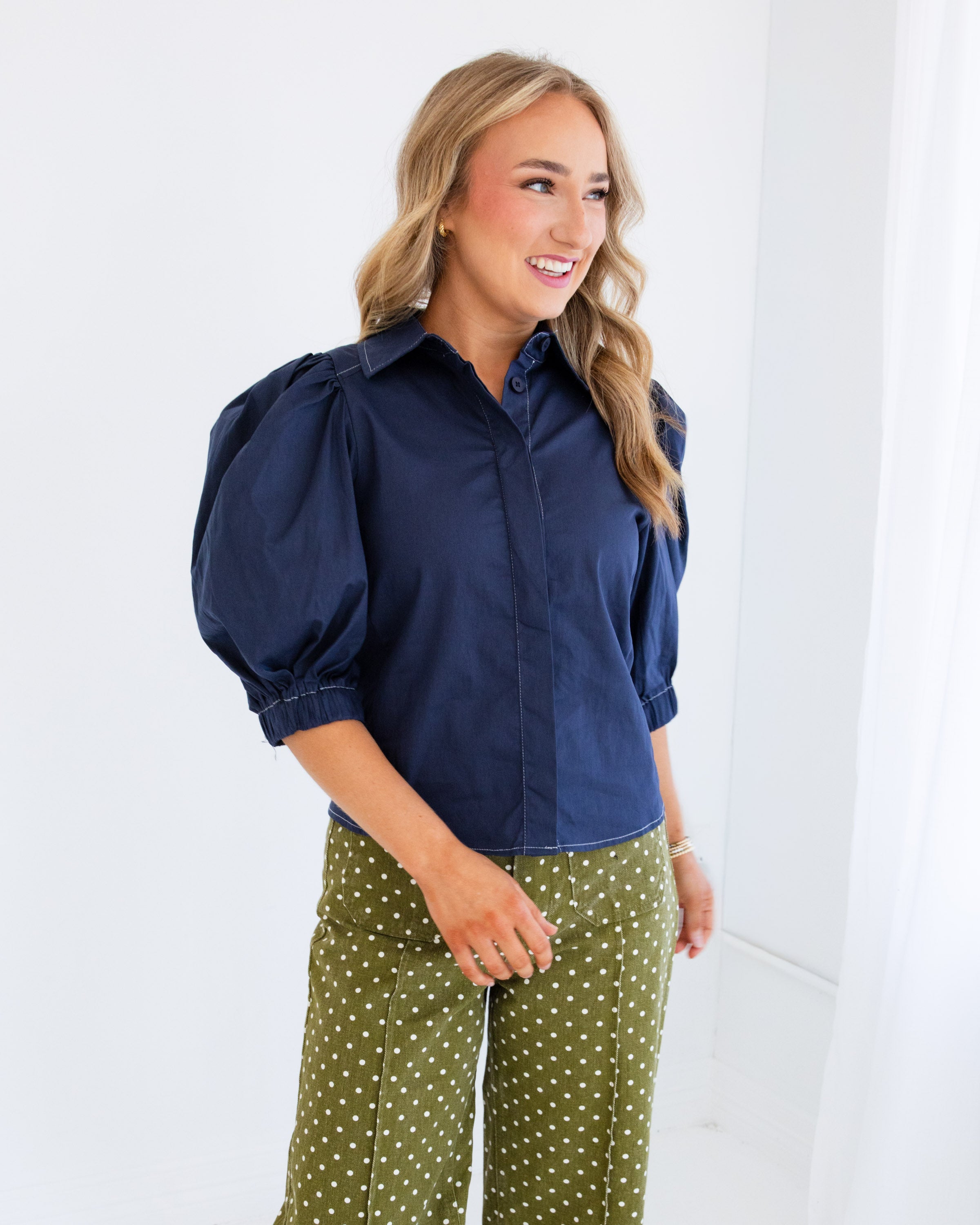 Elevated Puff Sleeve Button Up Top