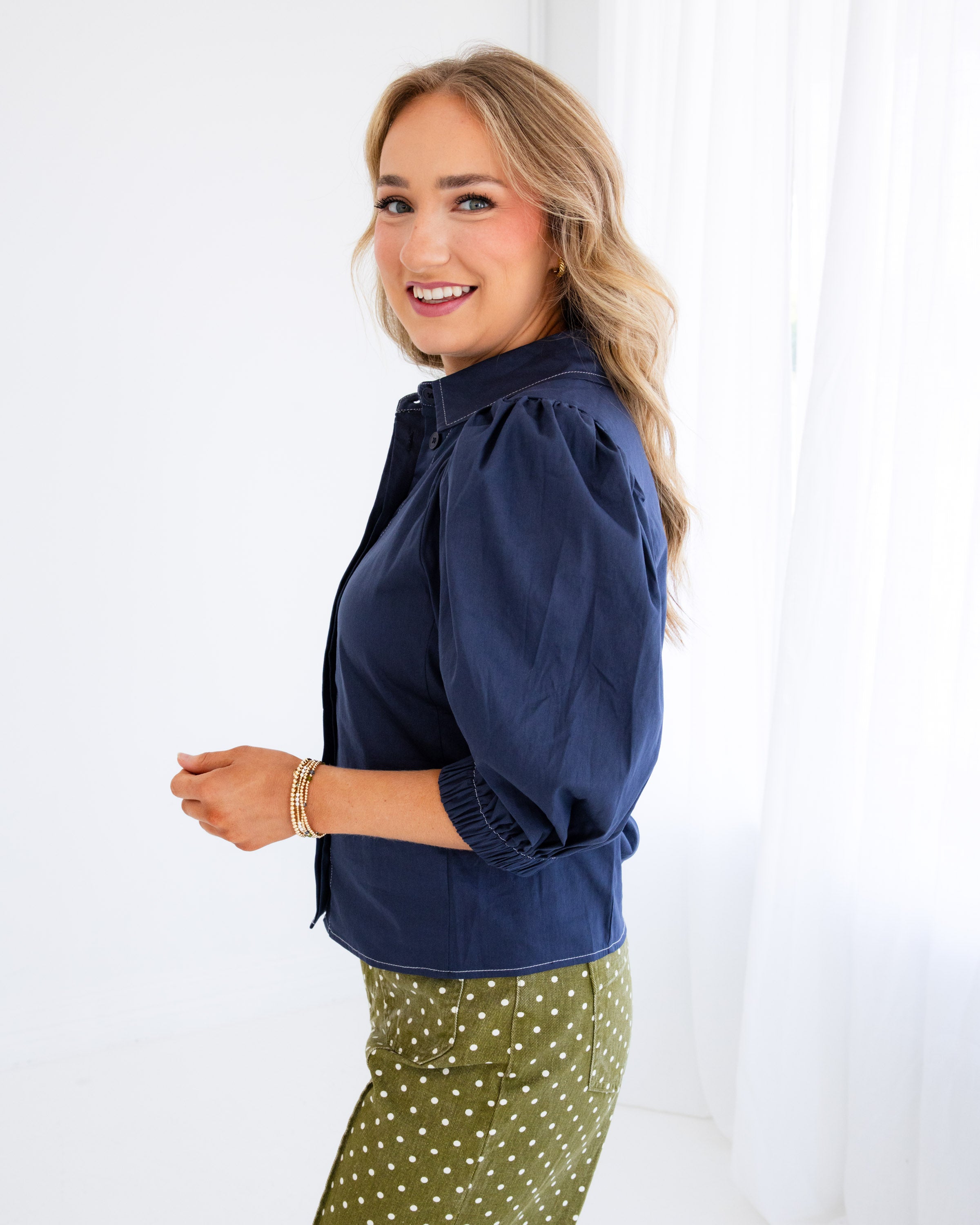 Elevated Puff Sleeve Button Up Top