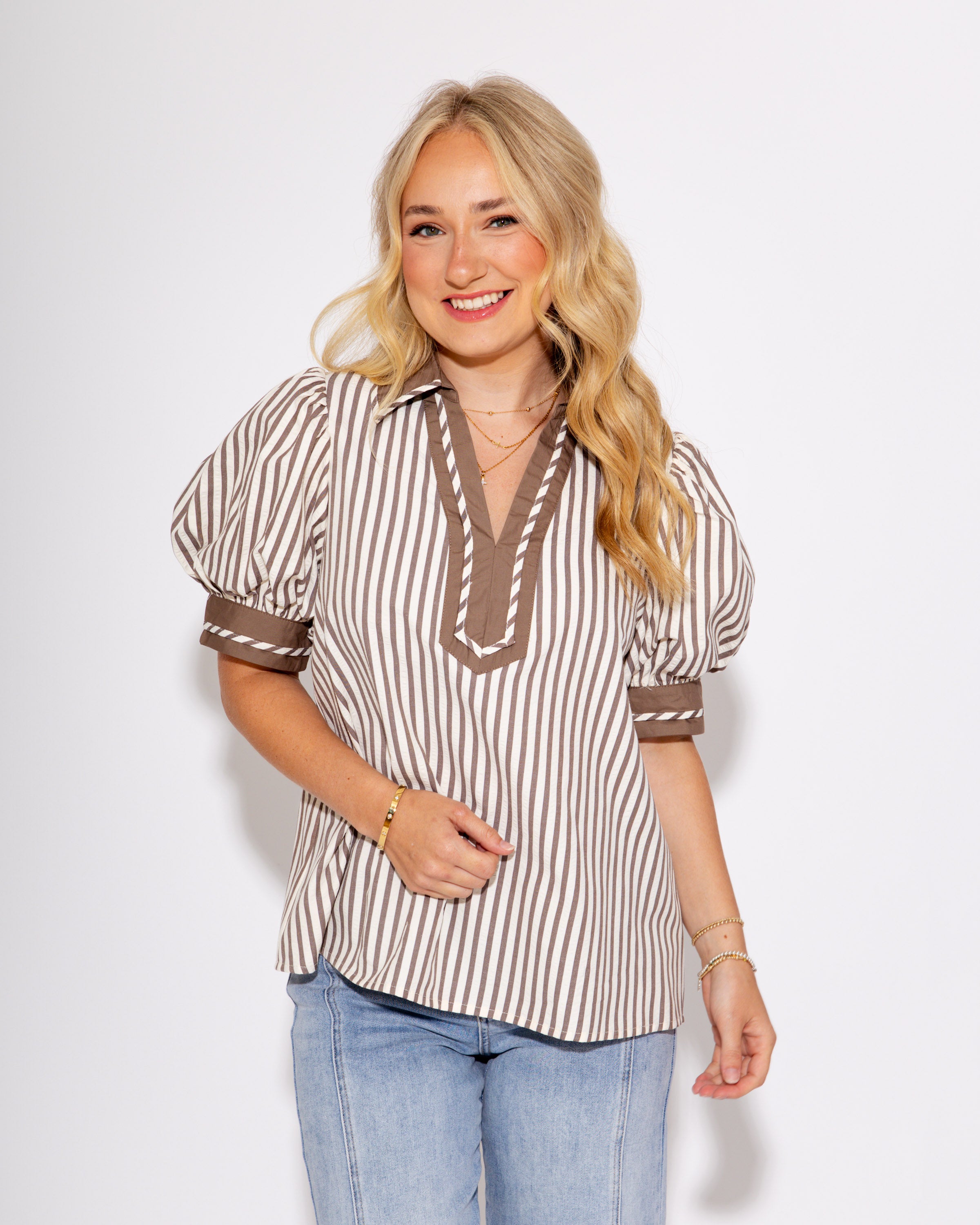 Split Collar Stripe Pullover in Mocha