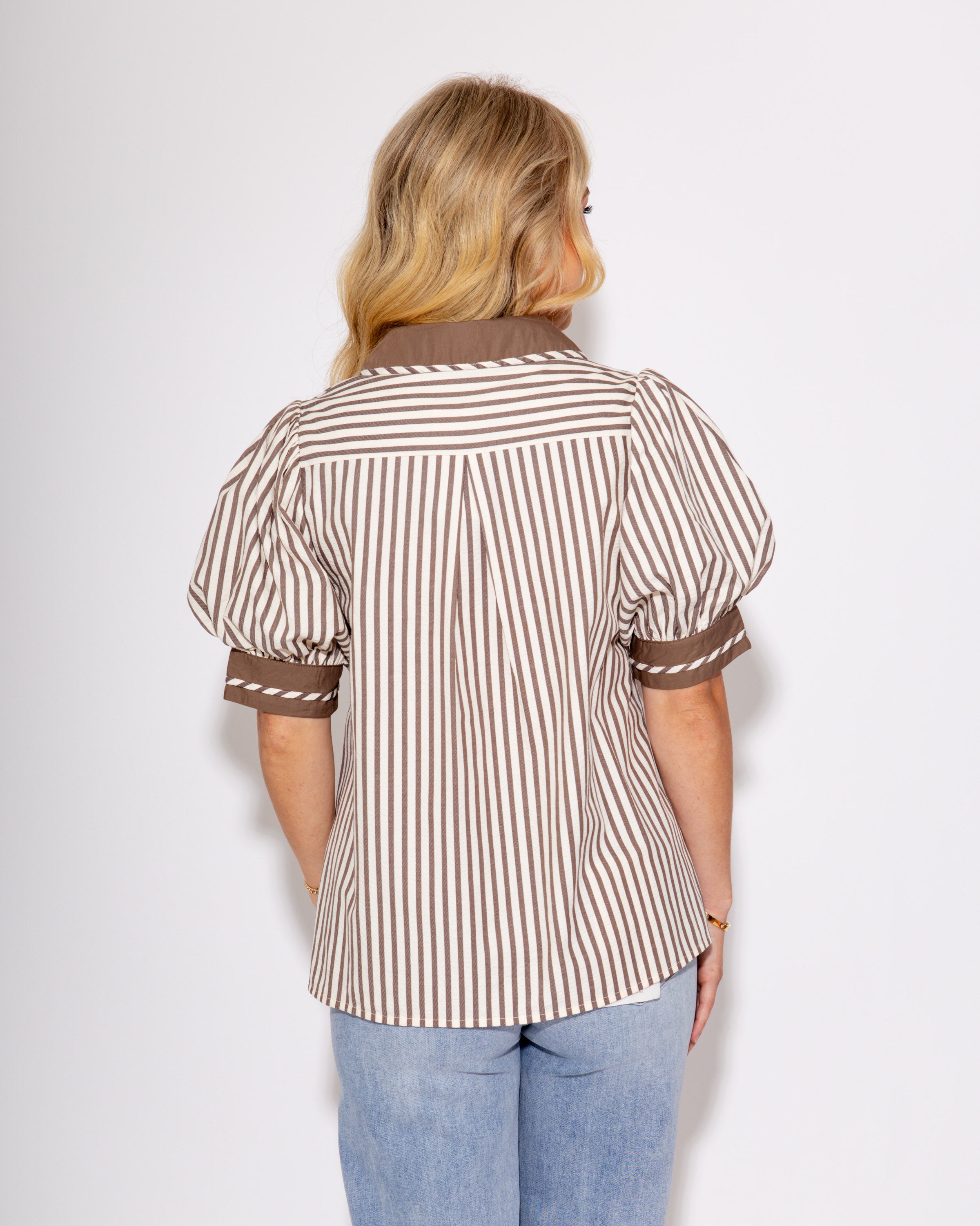 Split Collar Stripe Pullover in Mocha