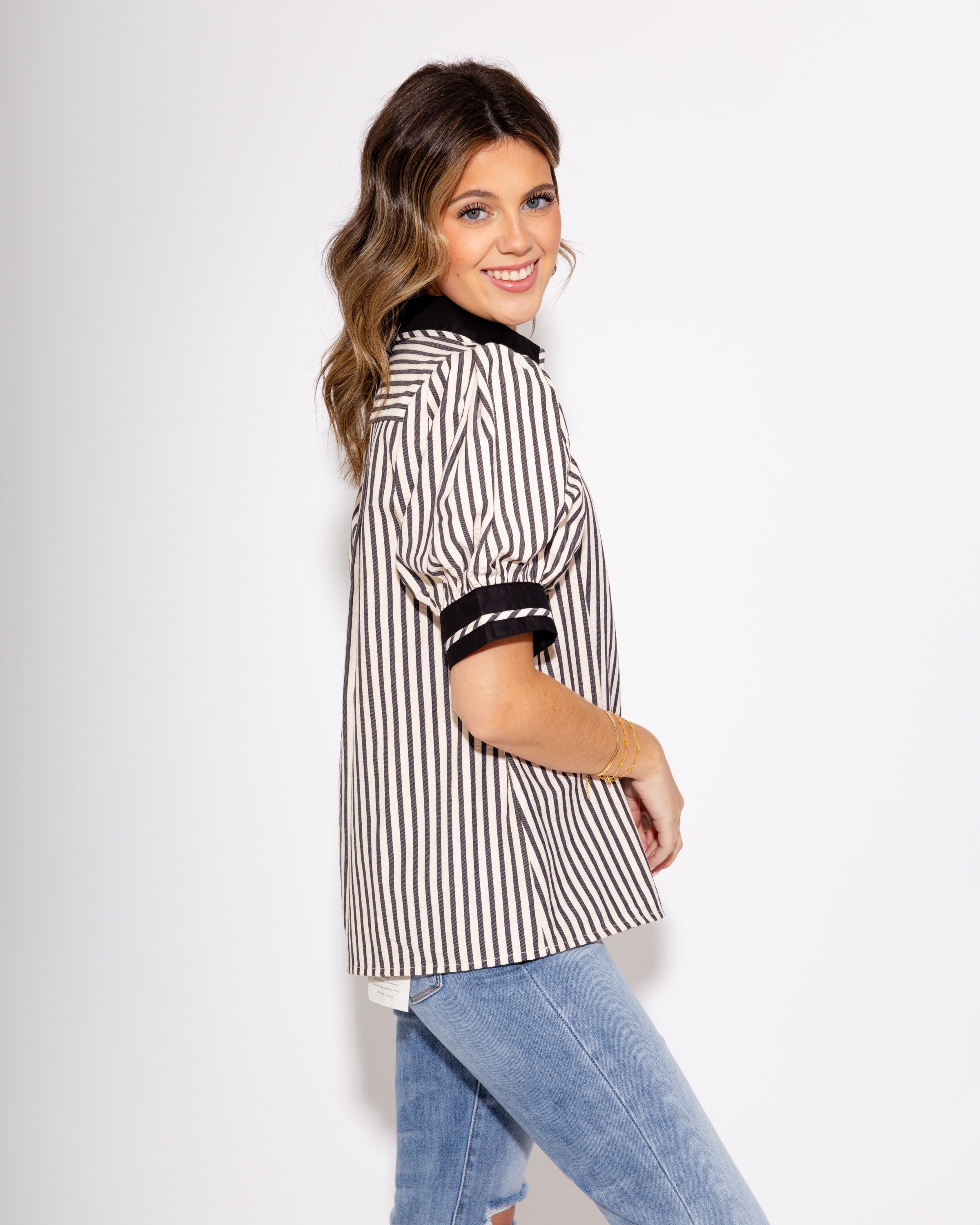 Split Collar Stripe Pullover in Black