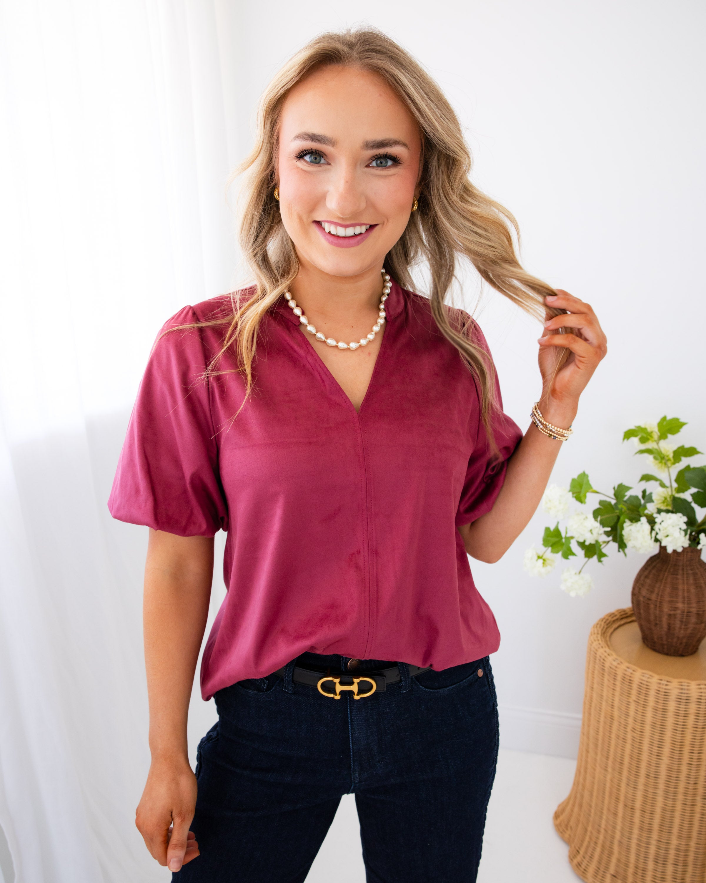 Ivy Jane | Faux Suede Poof Sleeve Top in Wine