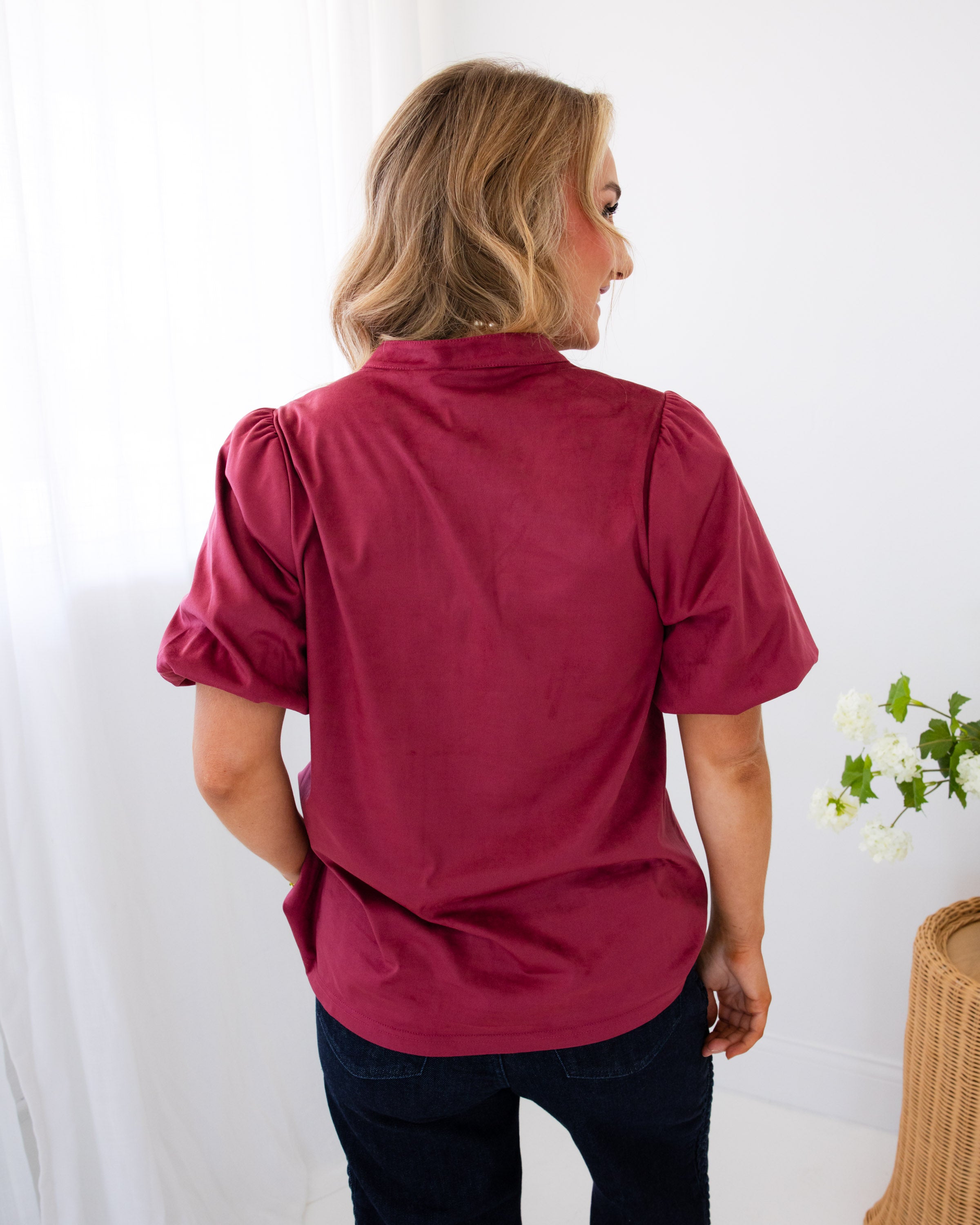 Ivy Jane | Faux Suede Poof Sleeve Top in Wine