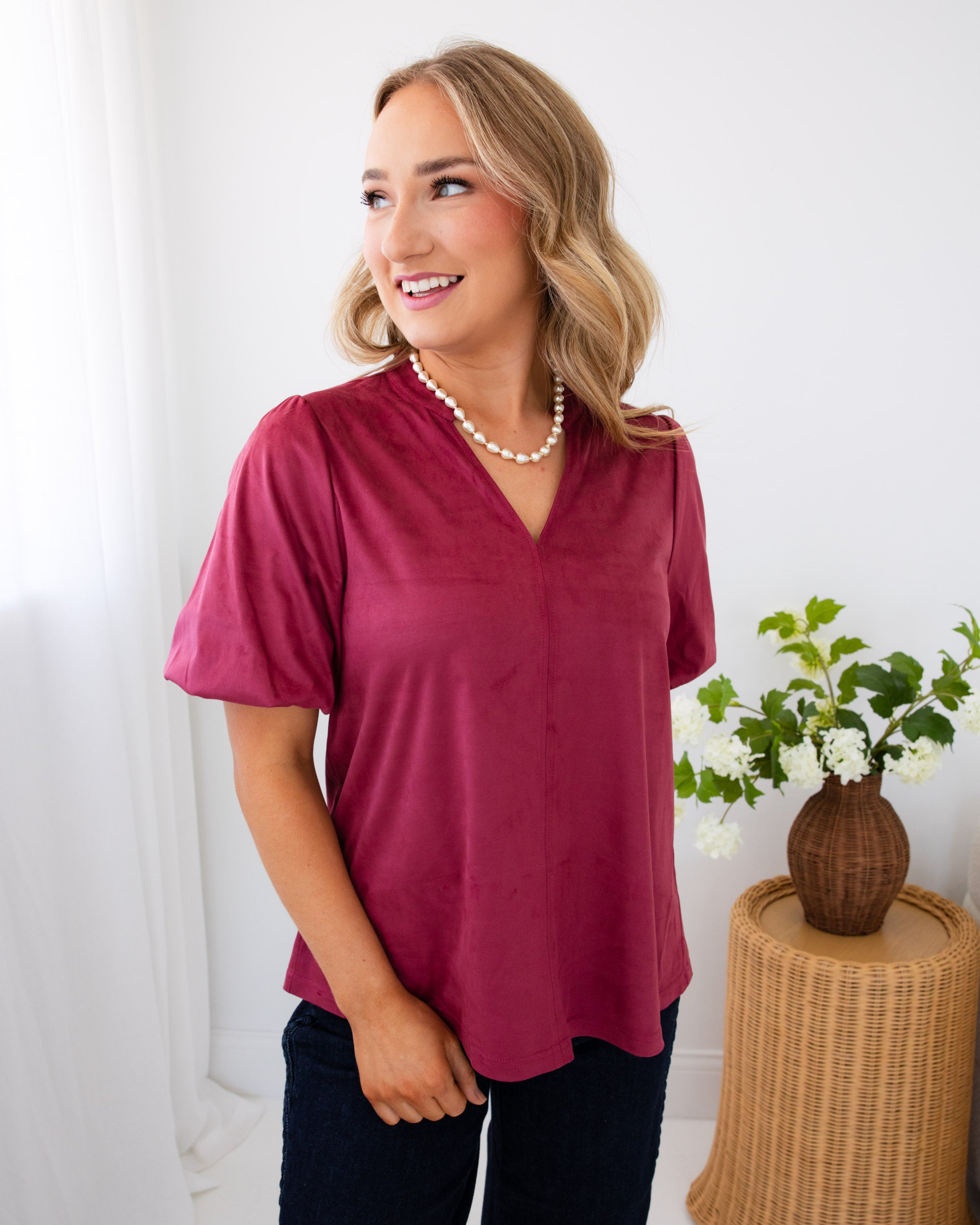 Ivy Jane | Faux Suede Poof Sleeve Top in Wine