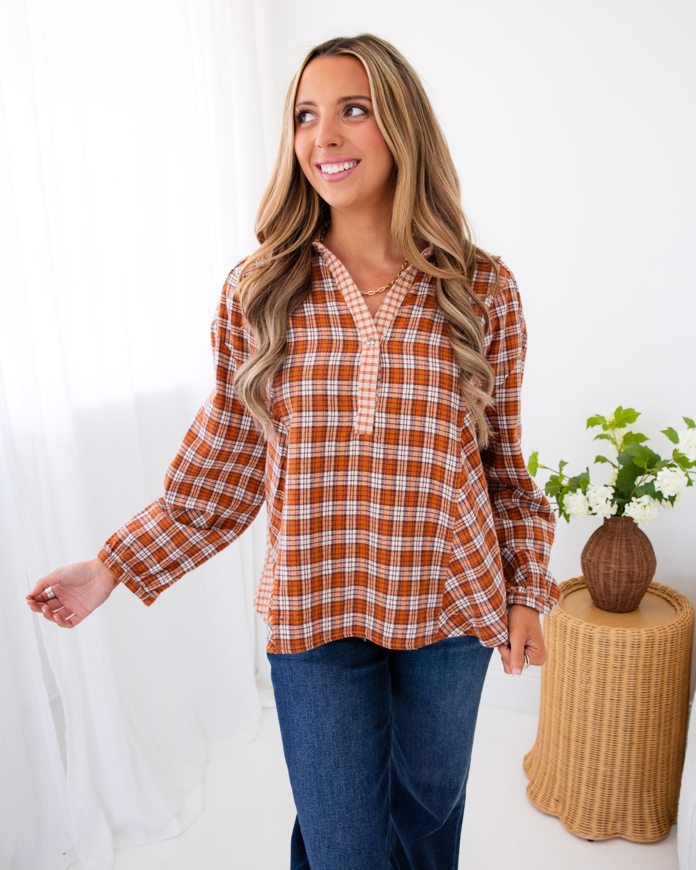 Mixed Plaid Pullover Top in Maple