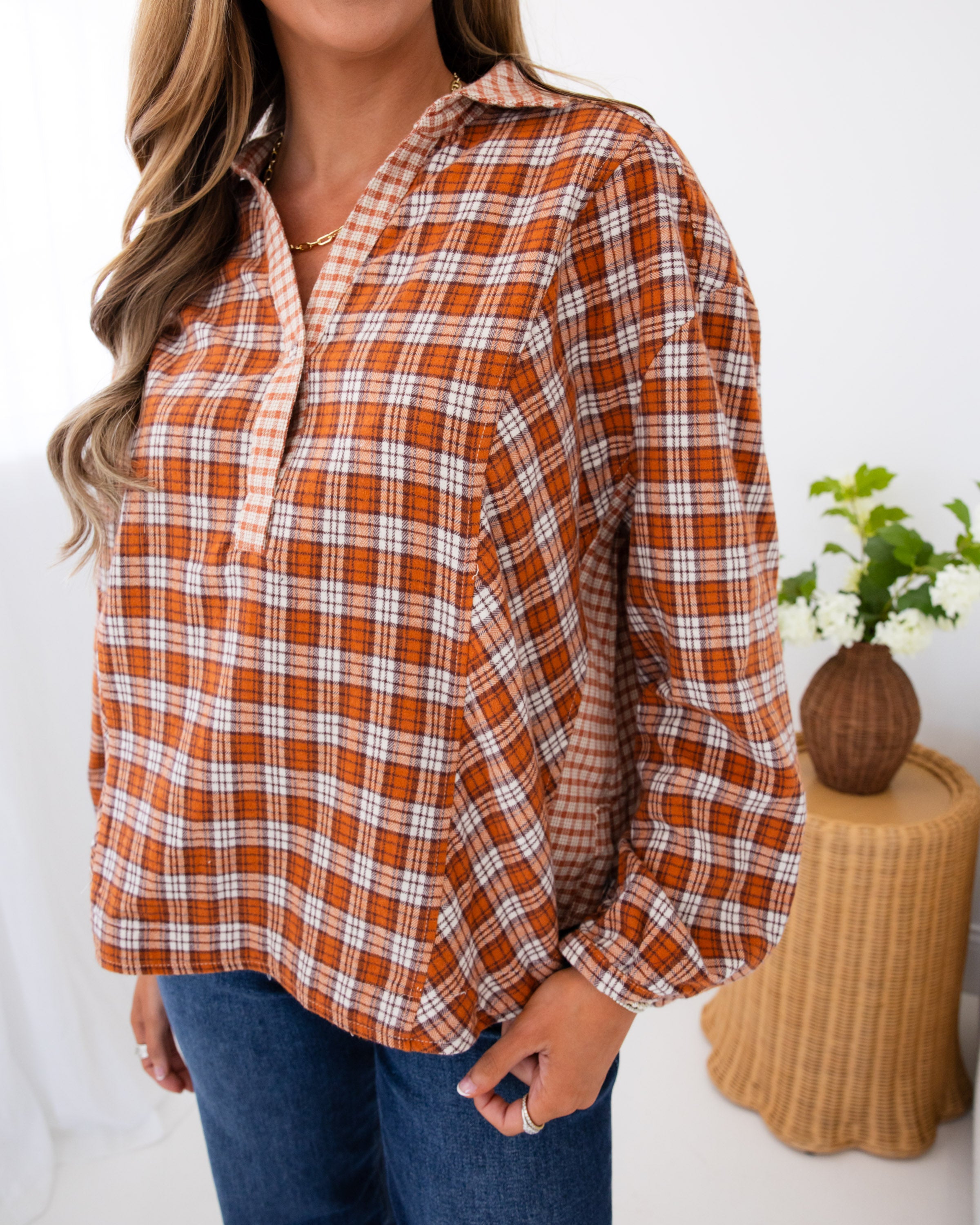 Mixed Plaid Pullover Top in Maple