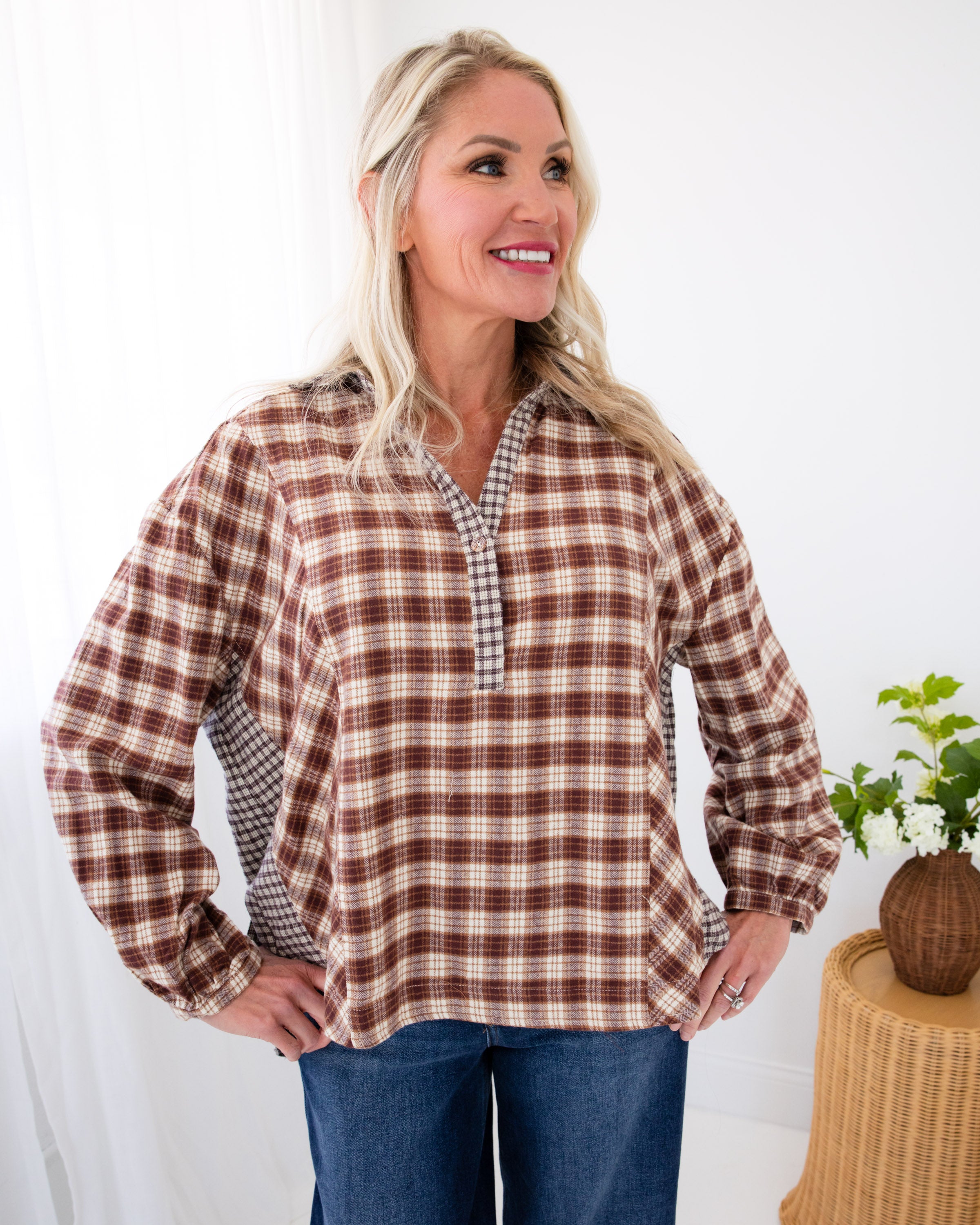 Mixed Plaid Pullover Top in Brown