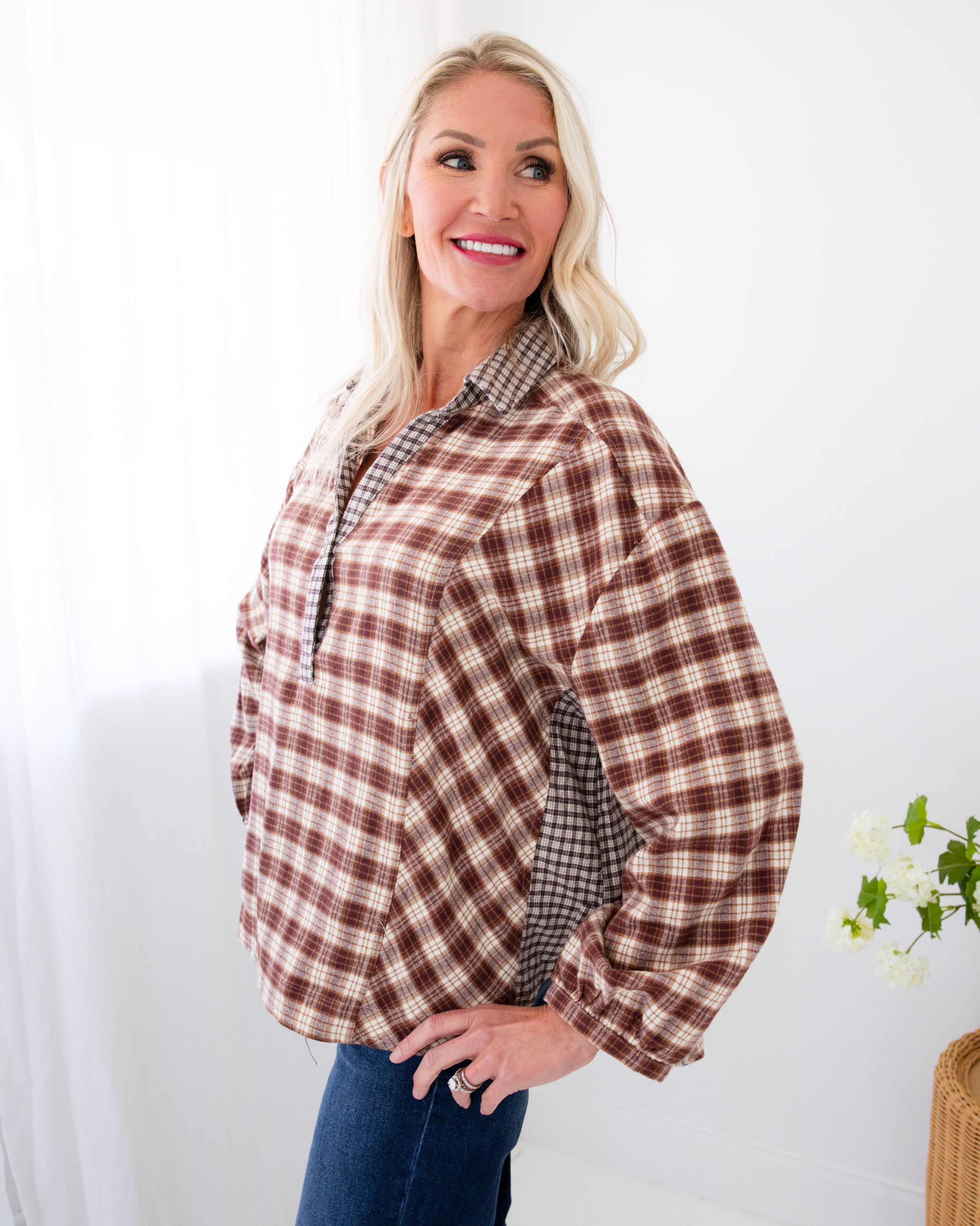 Mixed Plaid Pullover Top in Brown