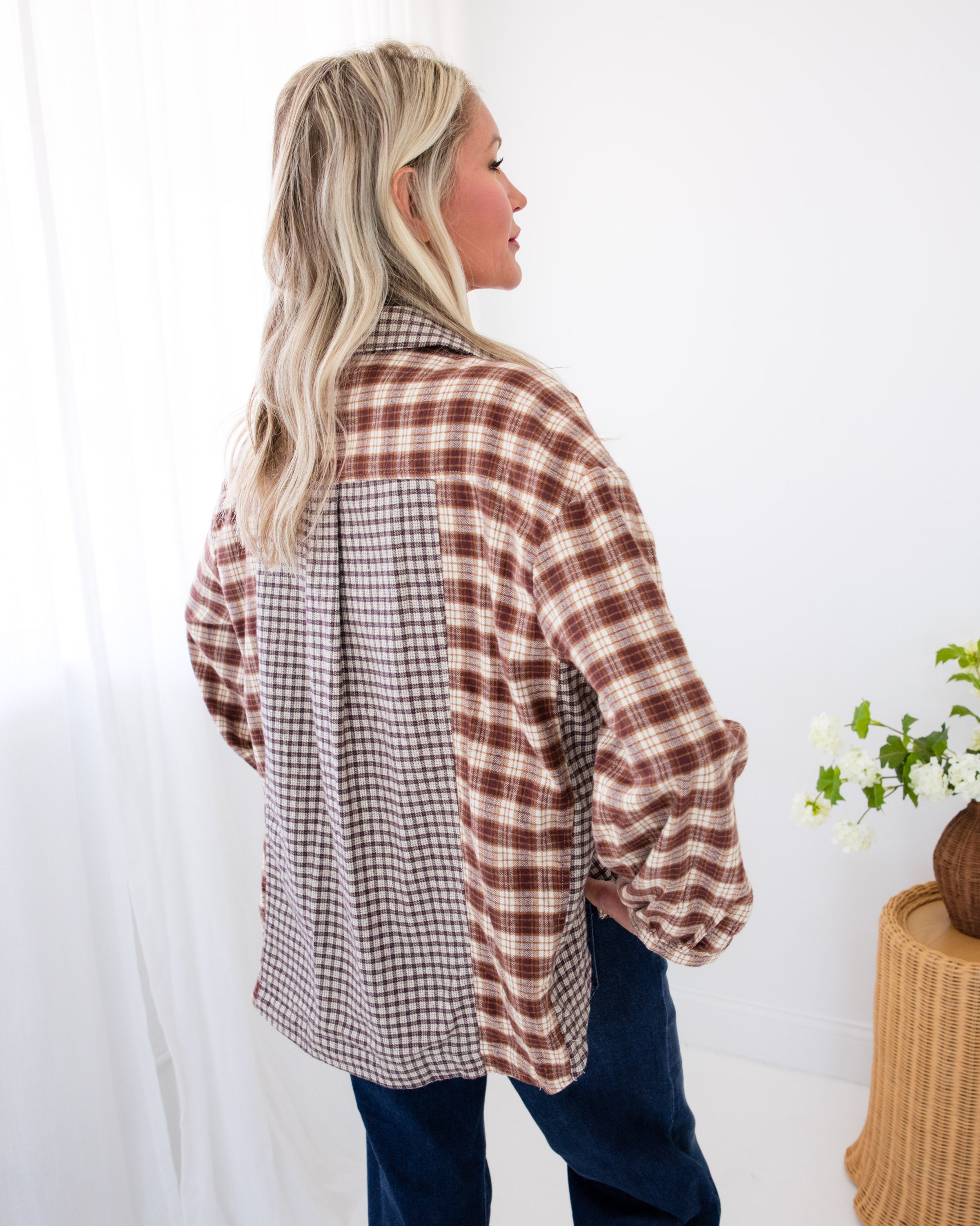 Mixed Plaid Pullover Top in Brown
