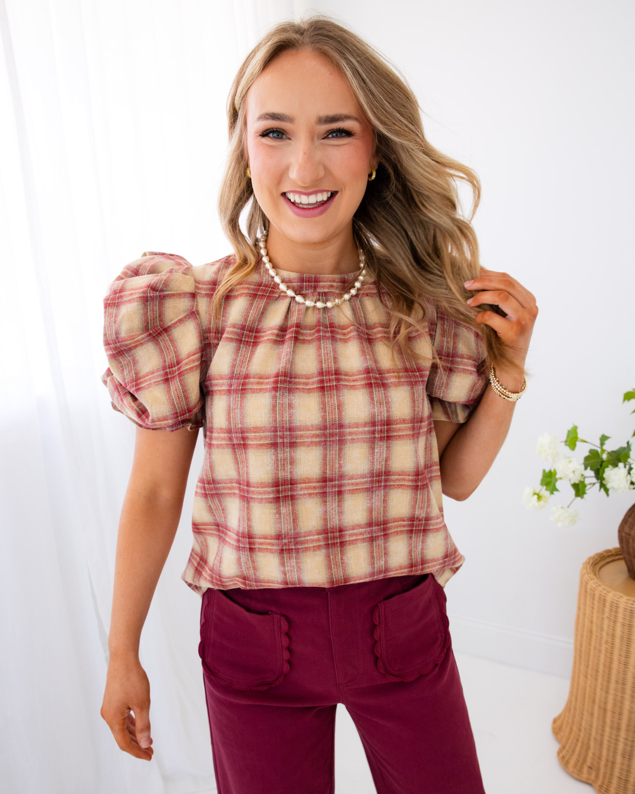 Ruched Puff Sleeve Plaid Top