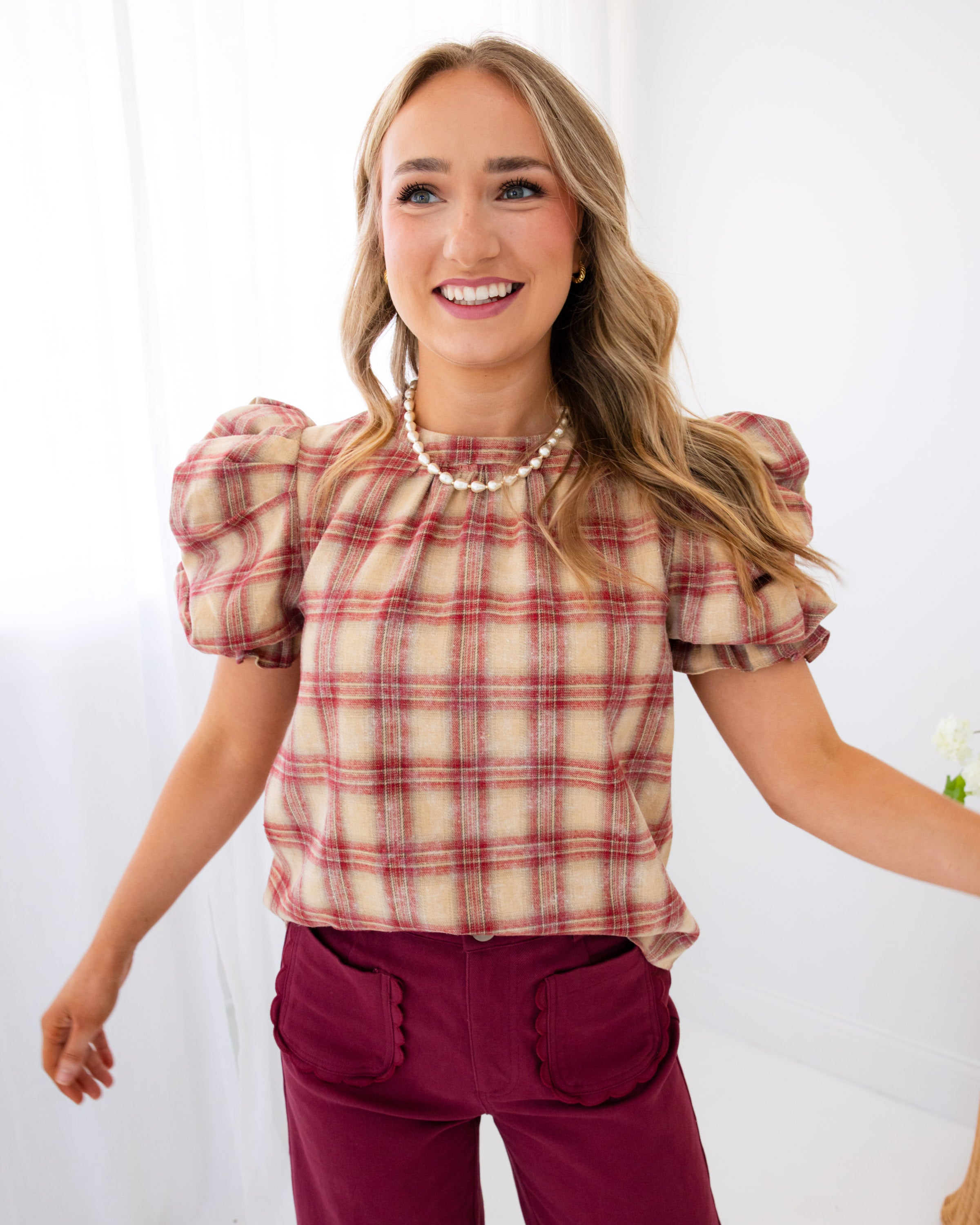 Ruched Puff Sleeve Plaid Top