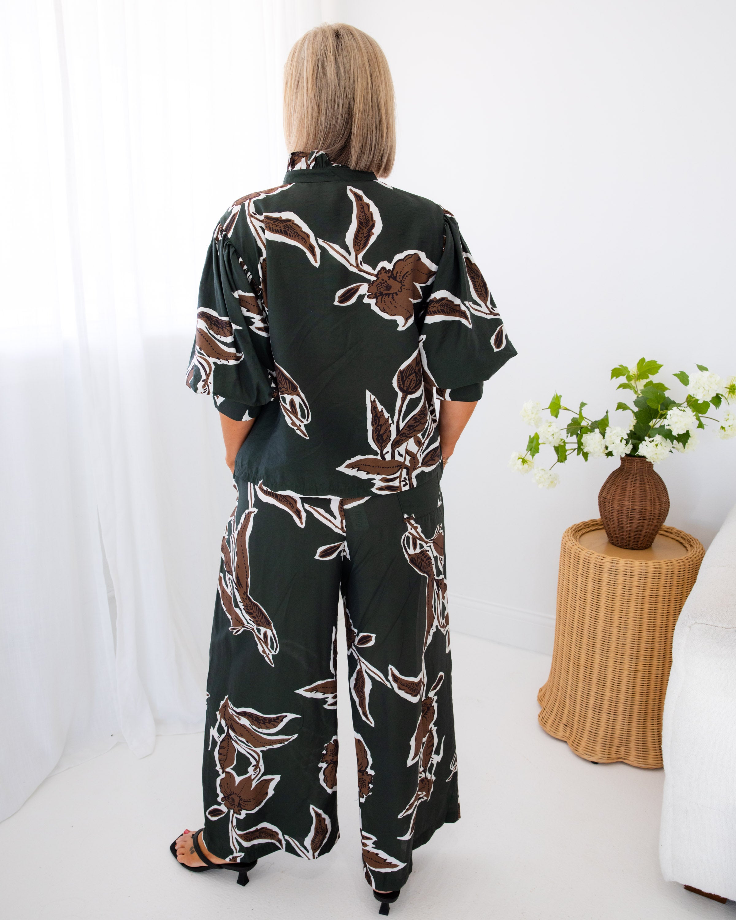 Leaf Print Button-Up Top & Pants Set