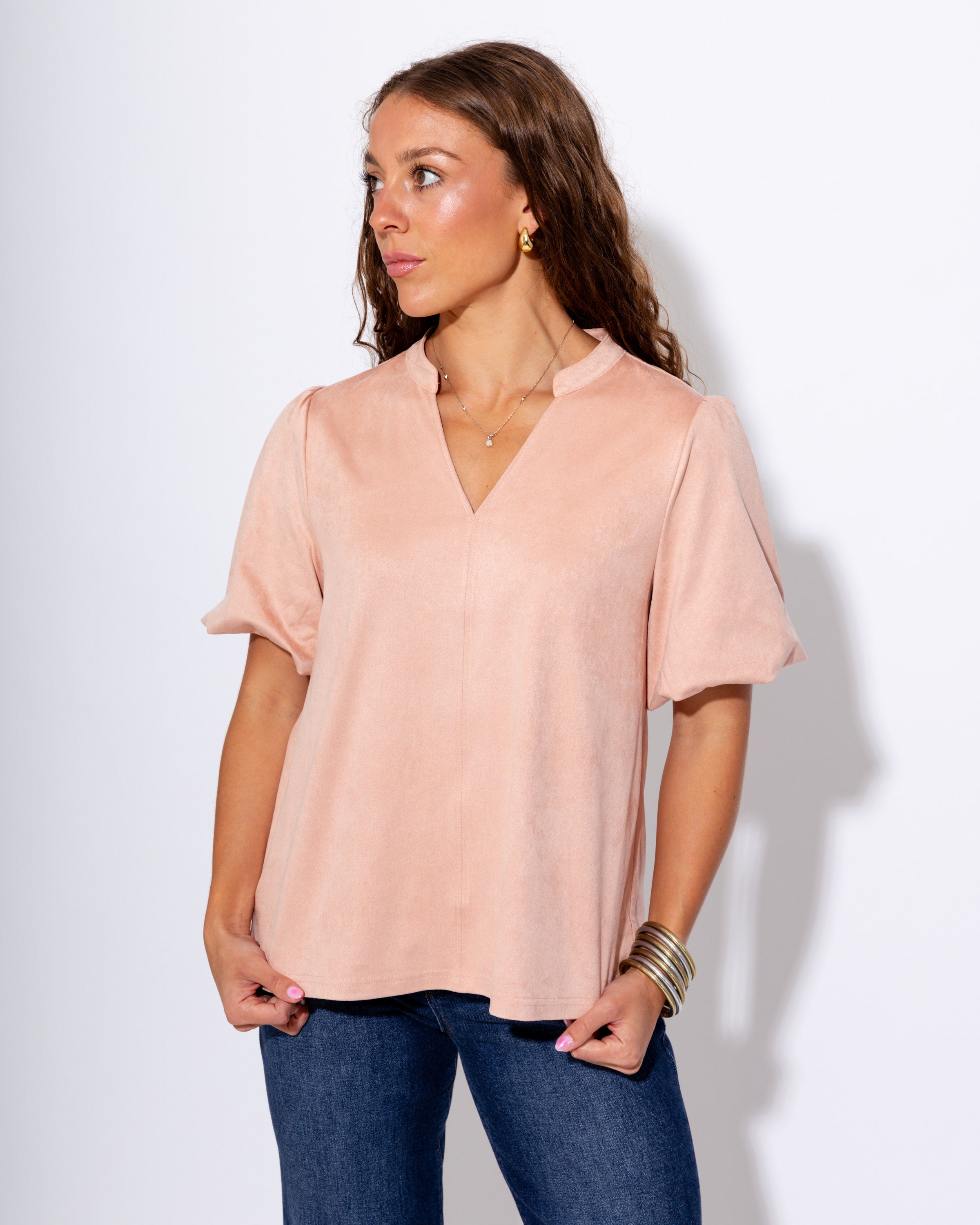 Ivy Jane | Faux Suede Poof Sleeve Top in Rose