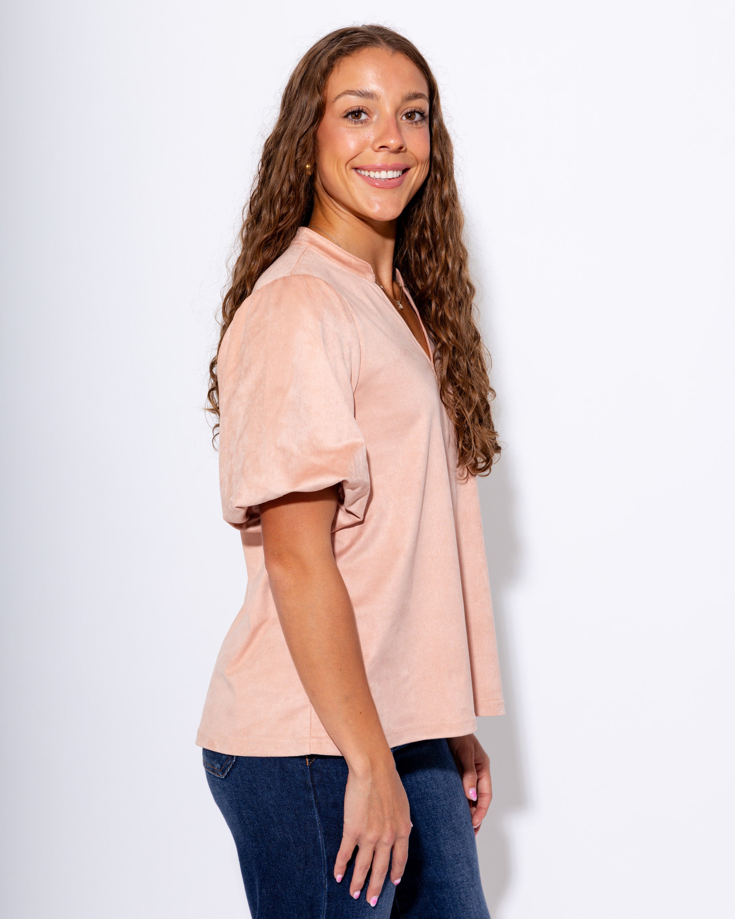 Ivy Jane | Faux Suede Poof Sleeve Top in Rose