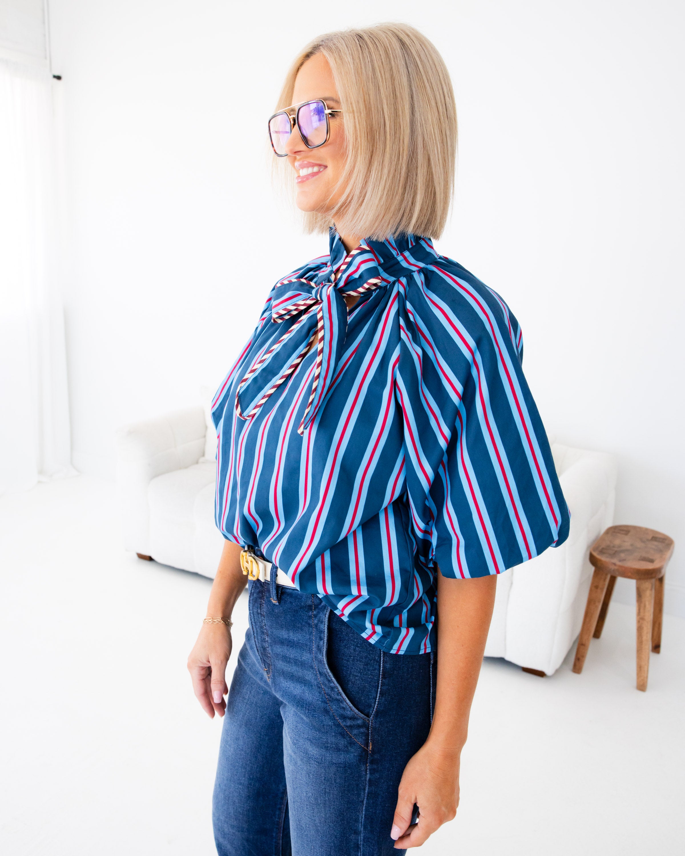 Stripe Tie Neck Puff Sleeve Top