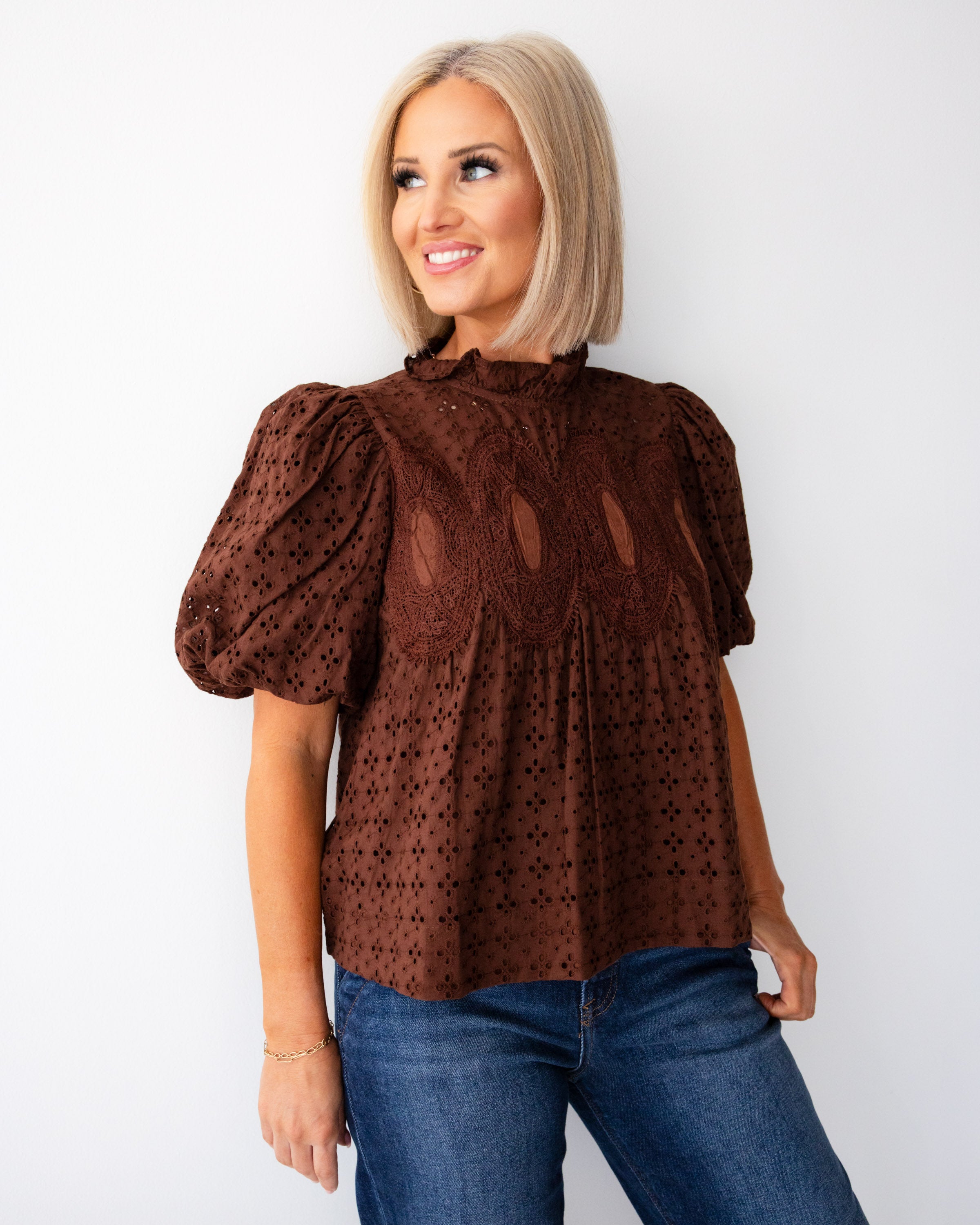 Crochet Trim Eyelet Top in Brown