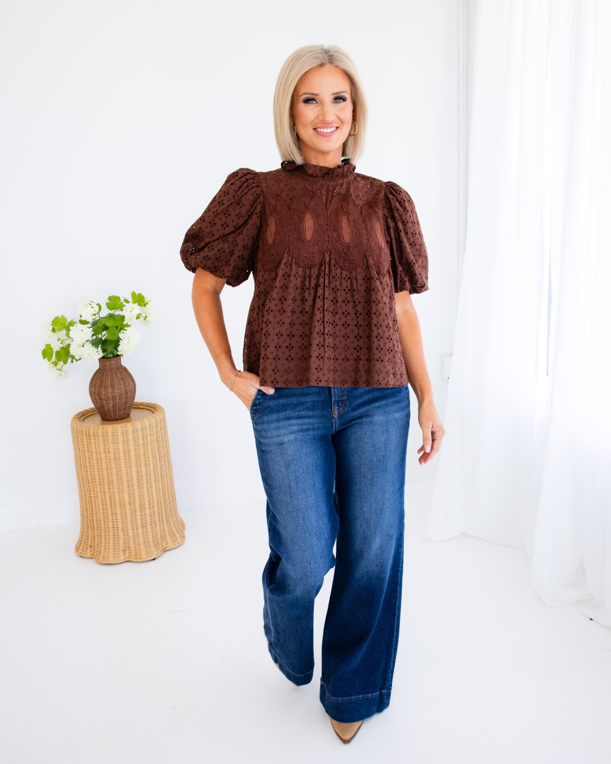 Crochet Trim Eyelet Top in Brown