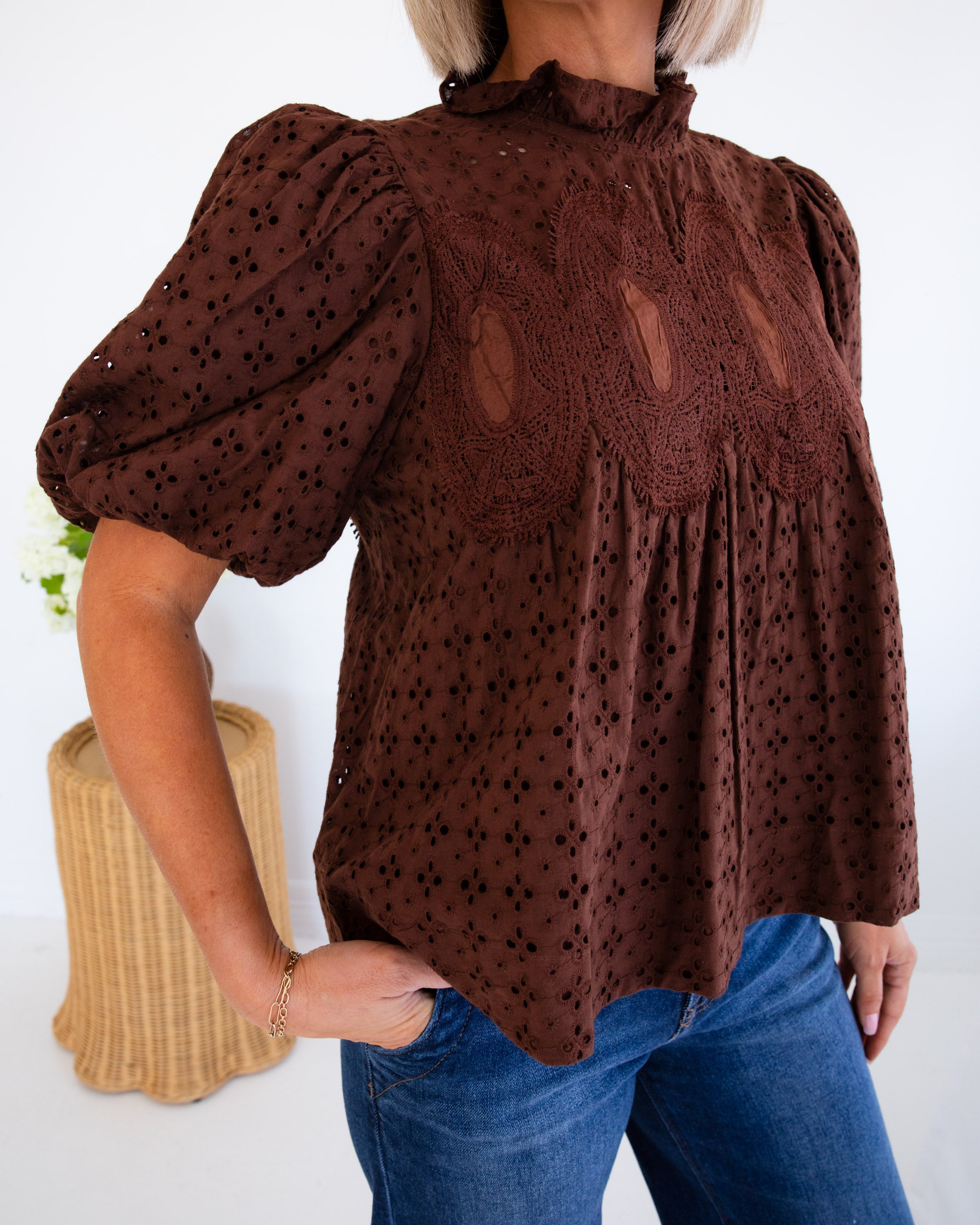 Crochet Trim Eyelet Top in Brown