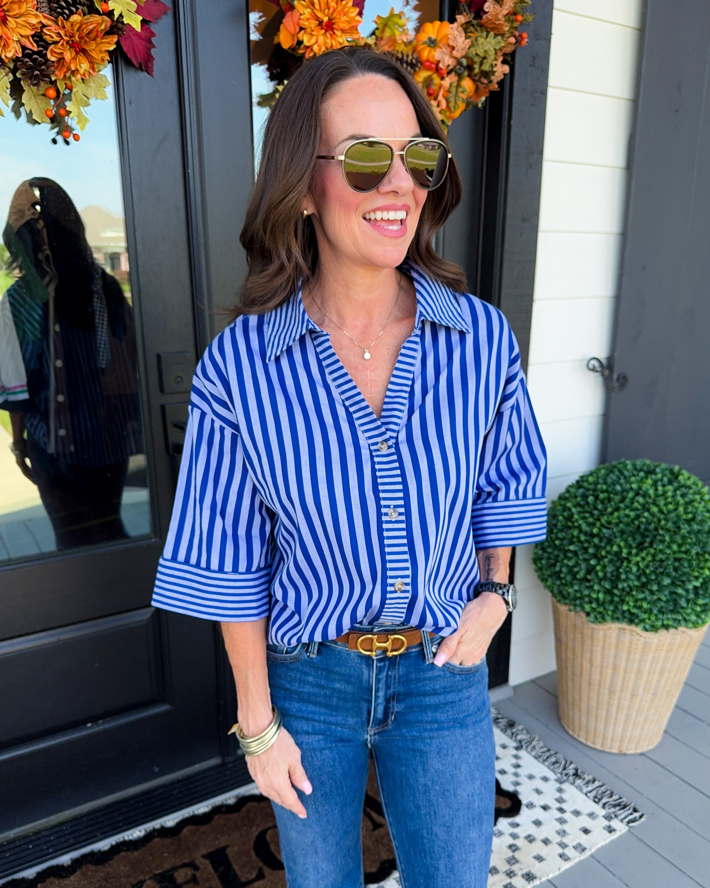 Striped Button Up Collar Top