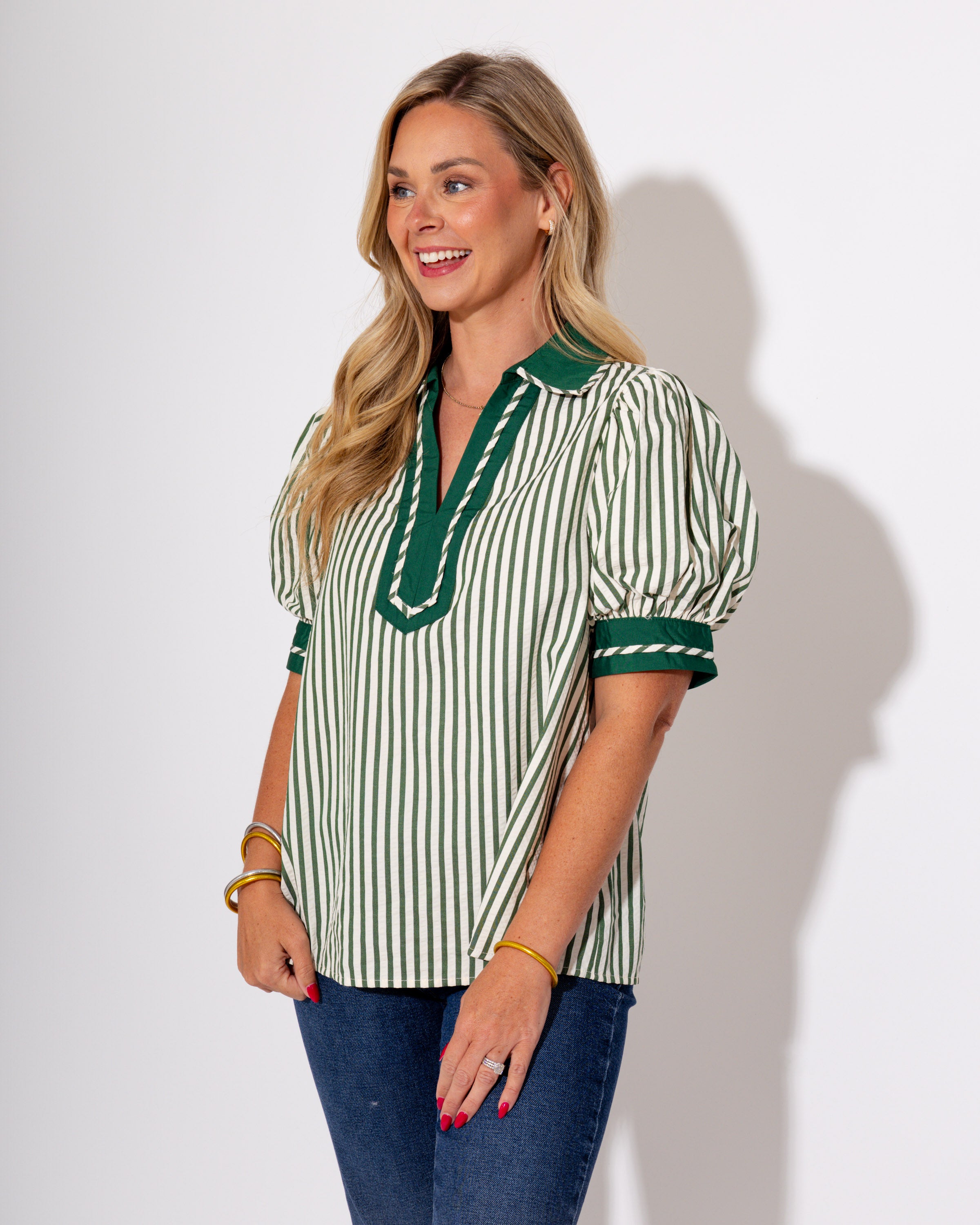 Split Collar Stripe Pullover in Green
