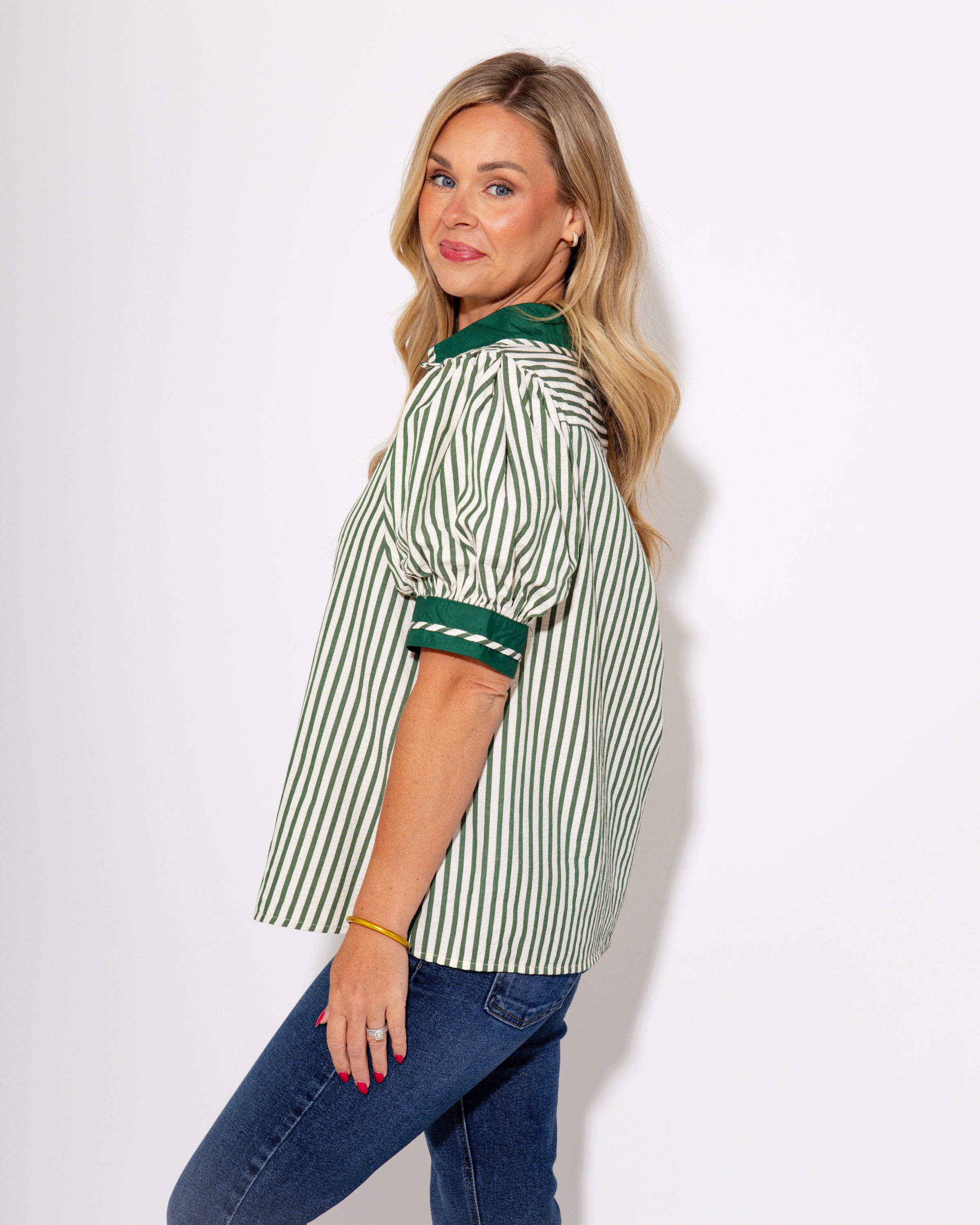 Split Collar Stripe Pullover in Green