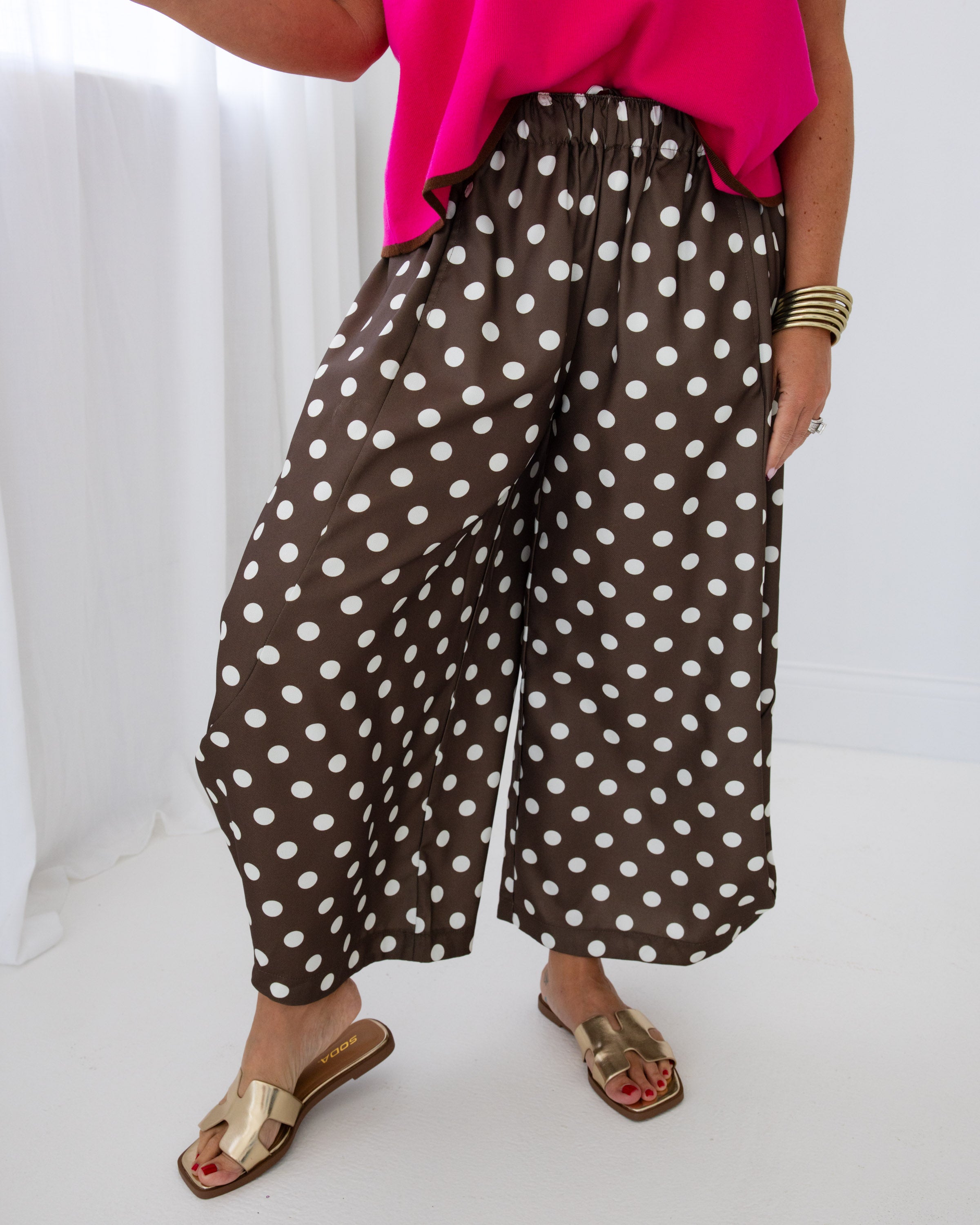 Playful Polka Dot Wide-Leg Pants in Brown