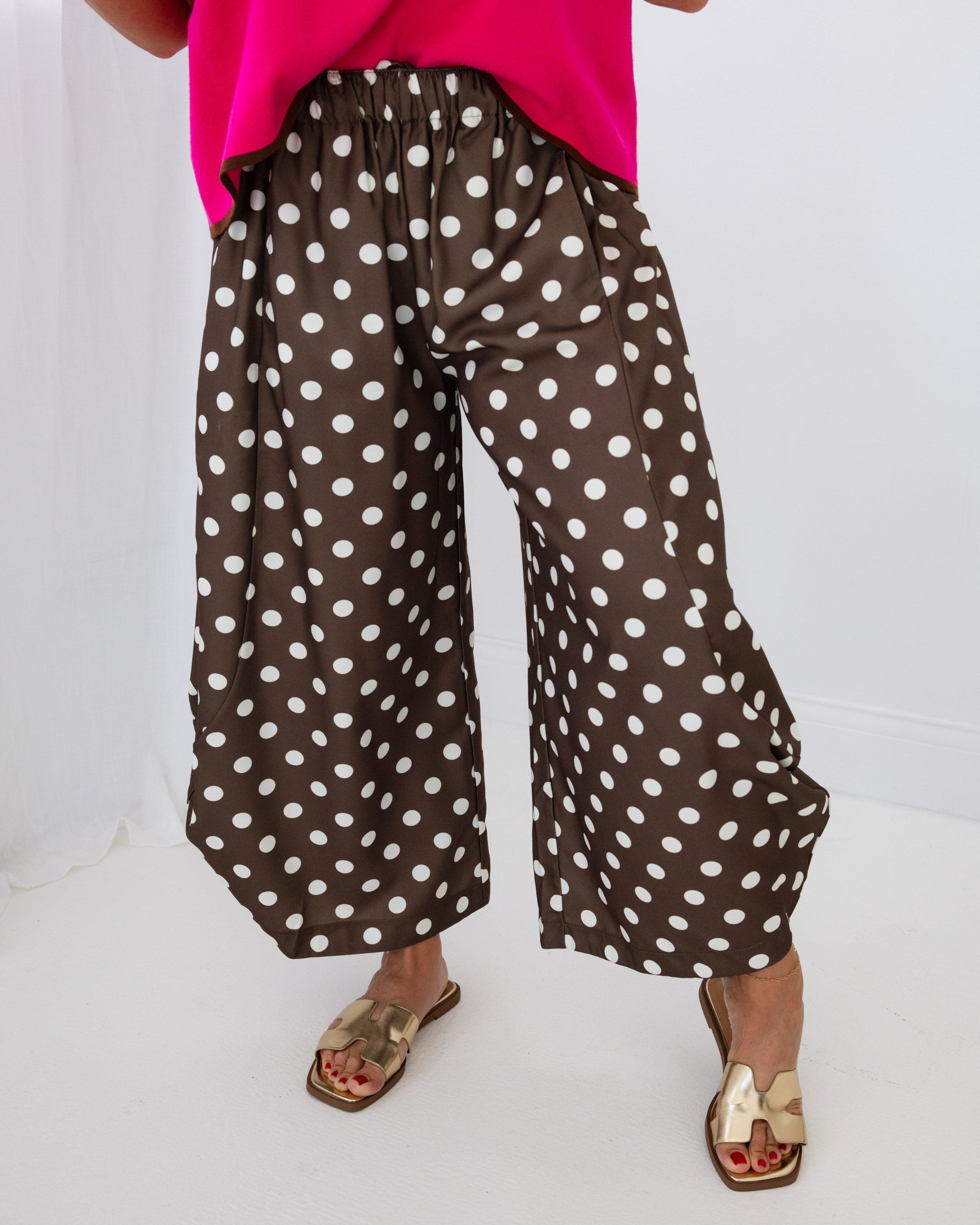 Playful Polka Dot Wide-Leg Pants in Brown