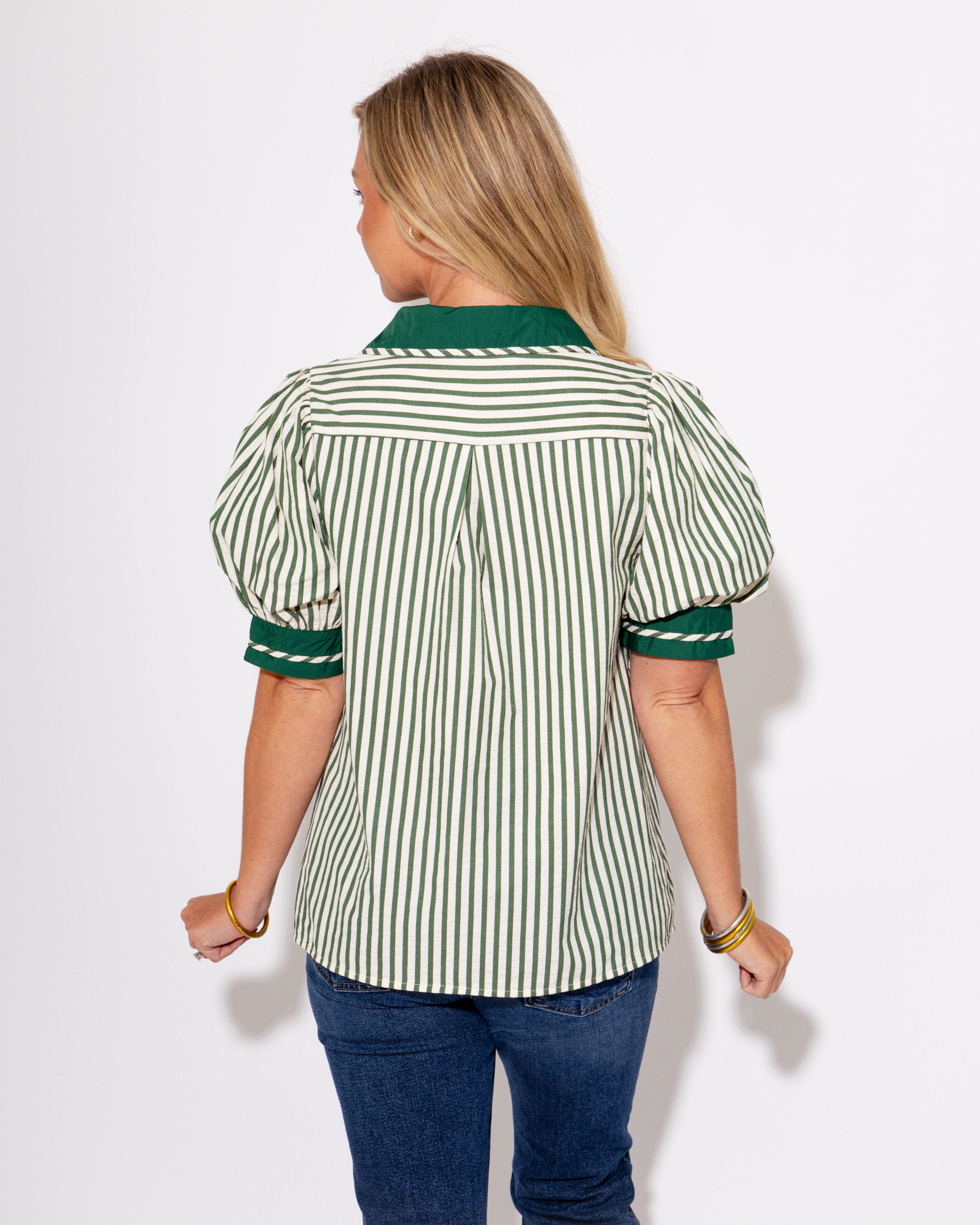 Split Collar Stripe Pullover in Green