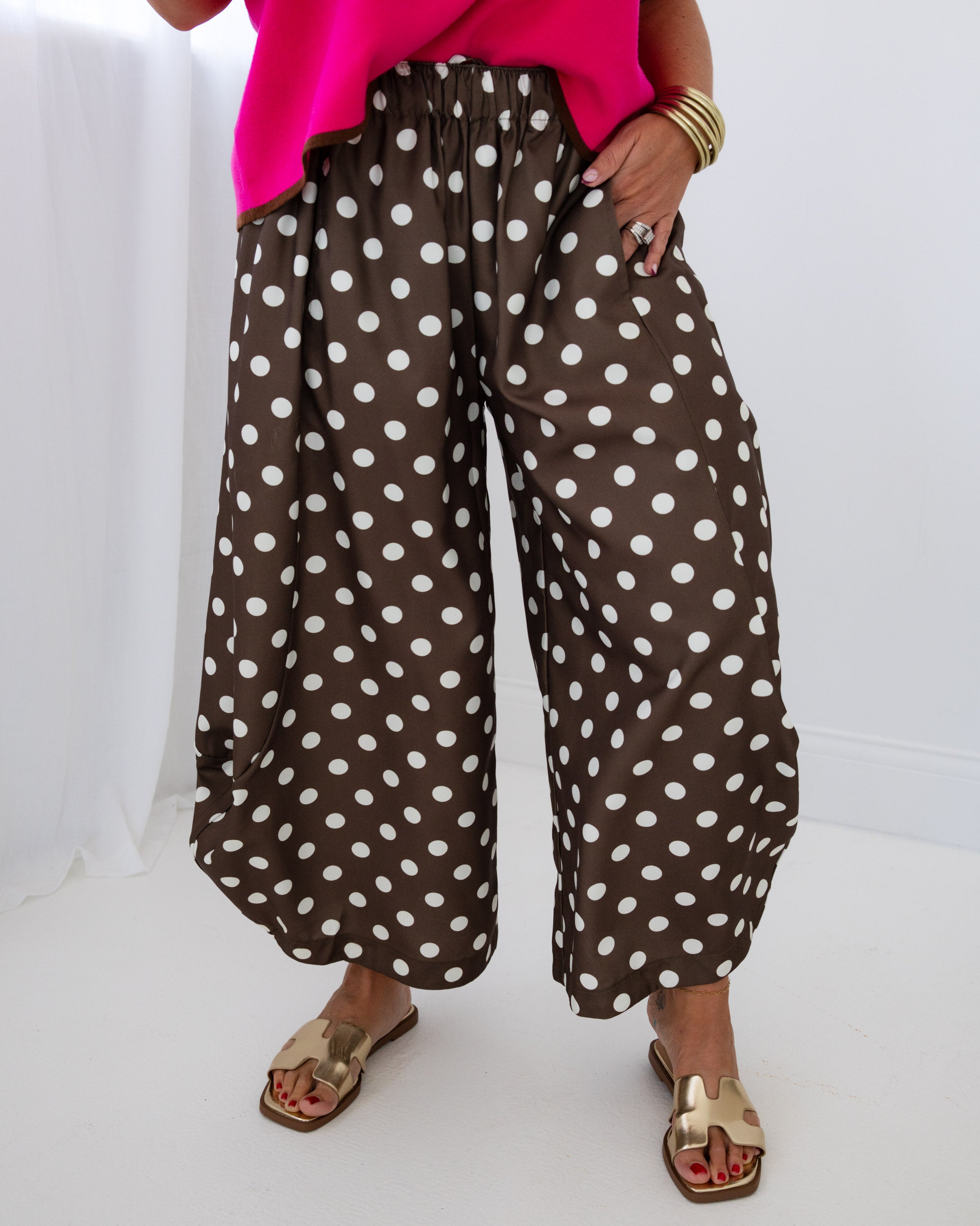 Playful Polka Dot Wide-Leg Pants in Brown