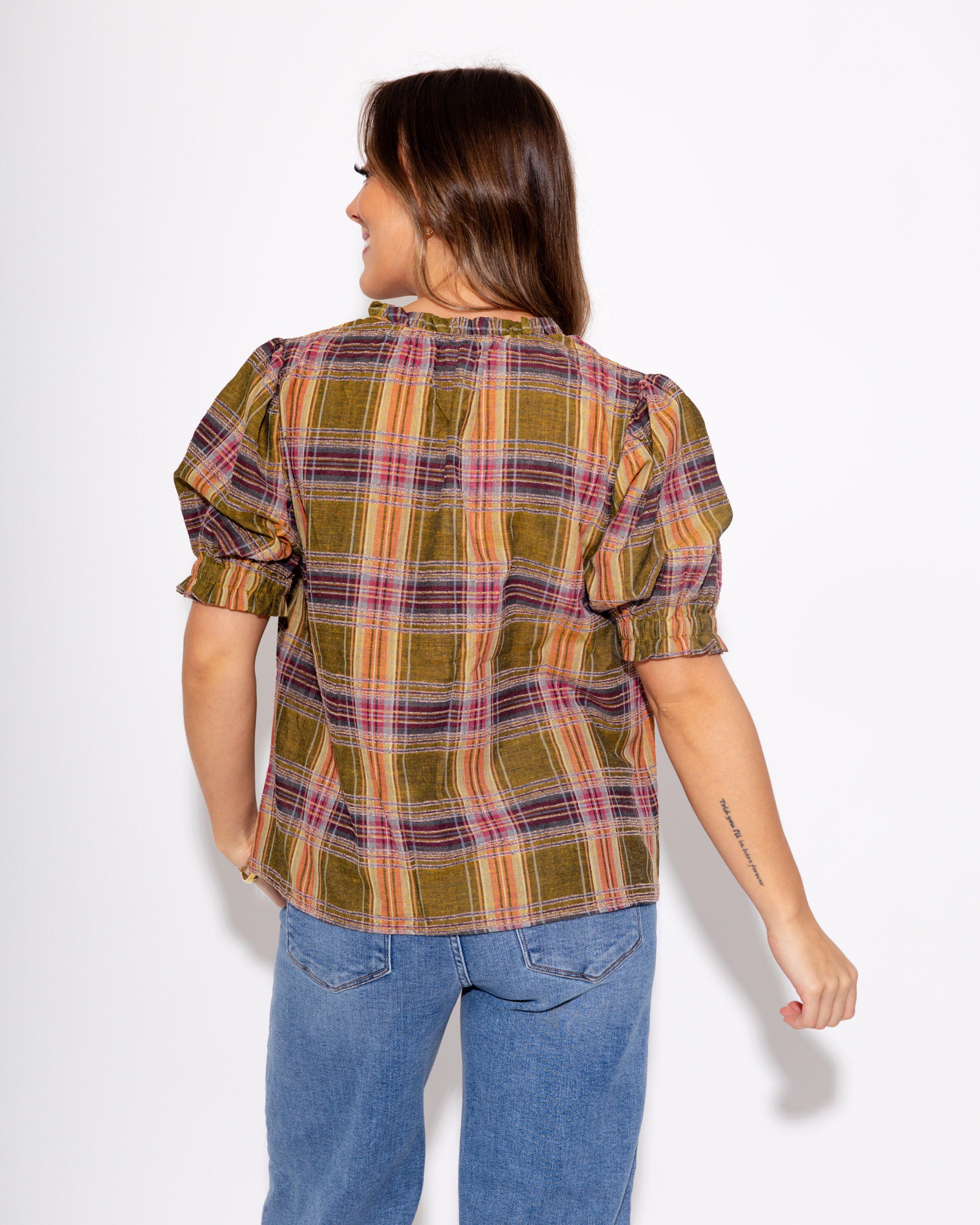 Color Pop Plaid Puff Sleeve Top