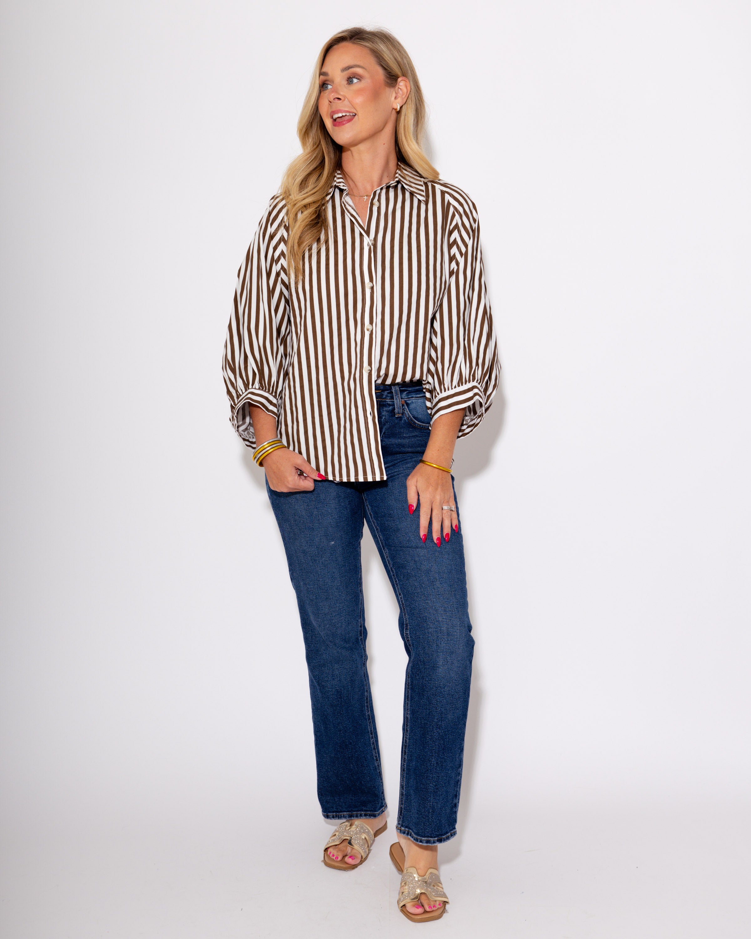 The Classic Striped Button Up Top in Brown
