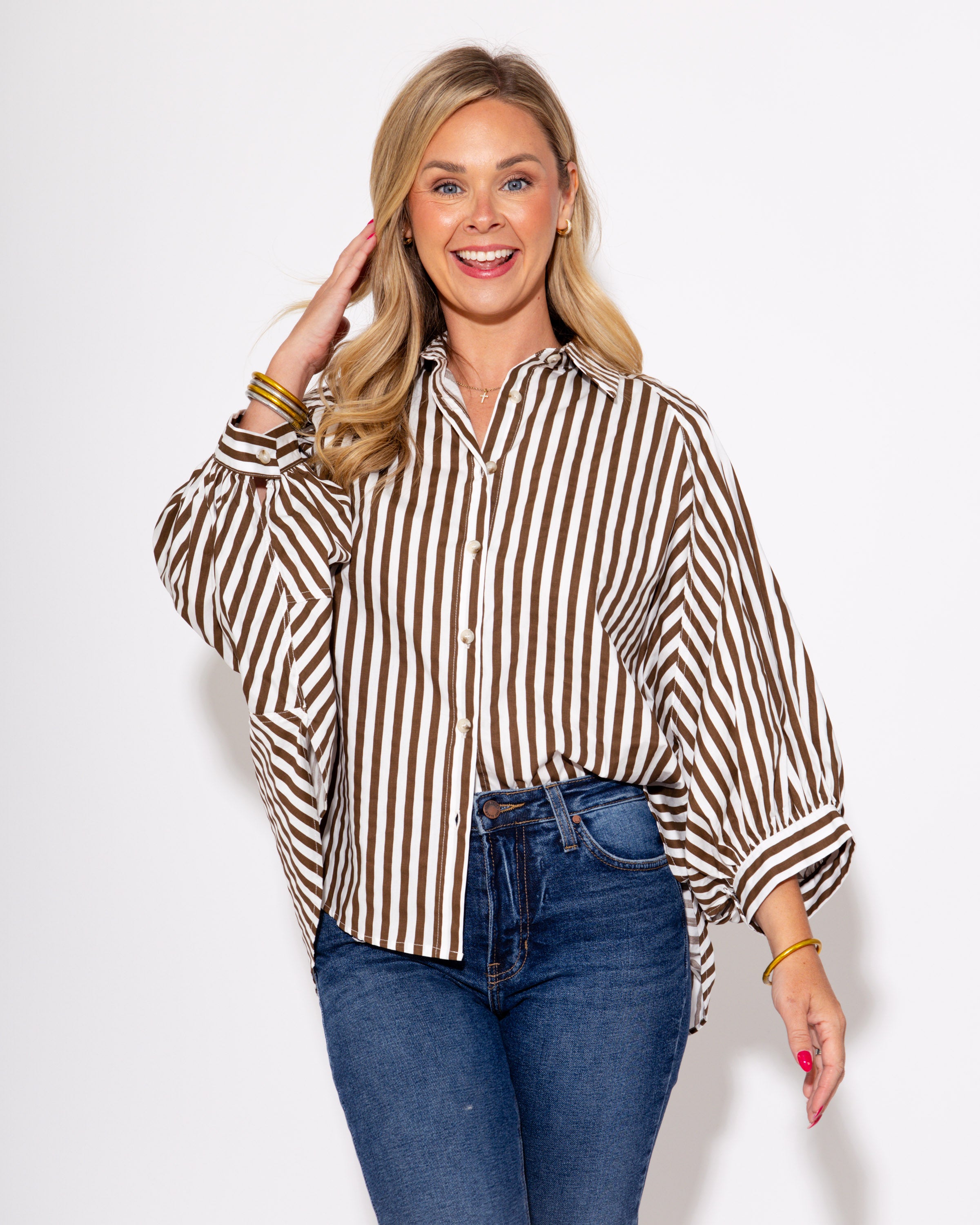 The Classic Striped Button Up Top in Brown