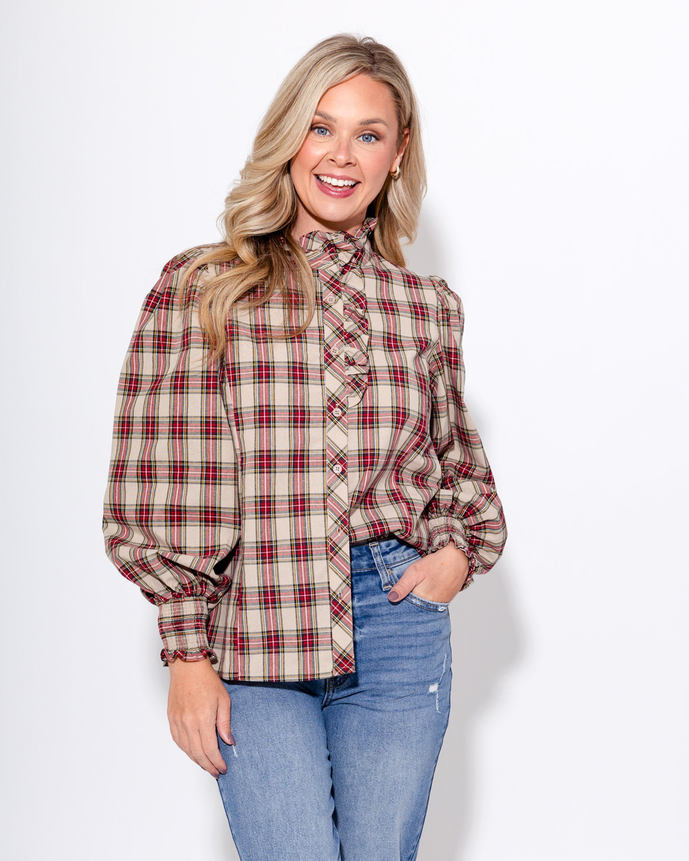 Smocked Cuff Plaid Top