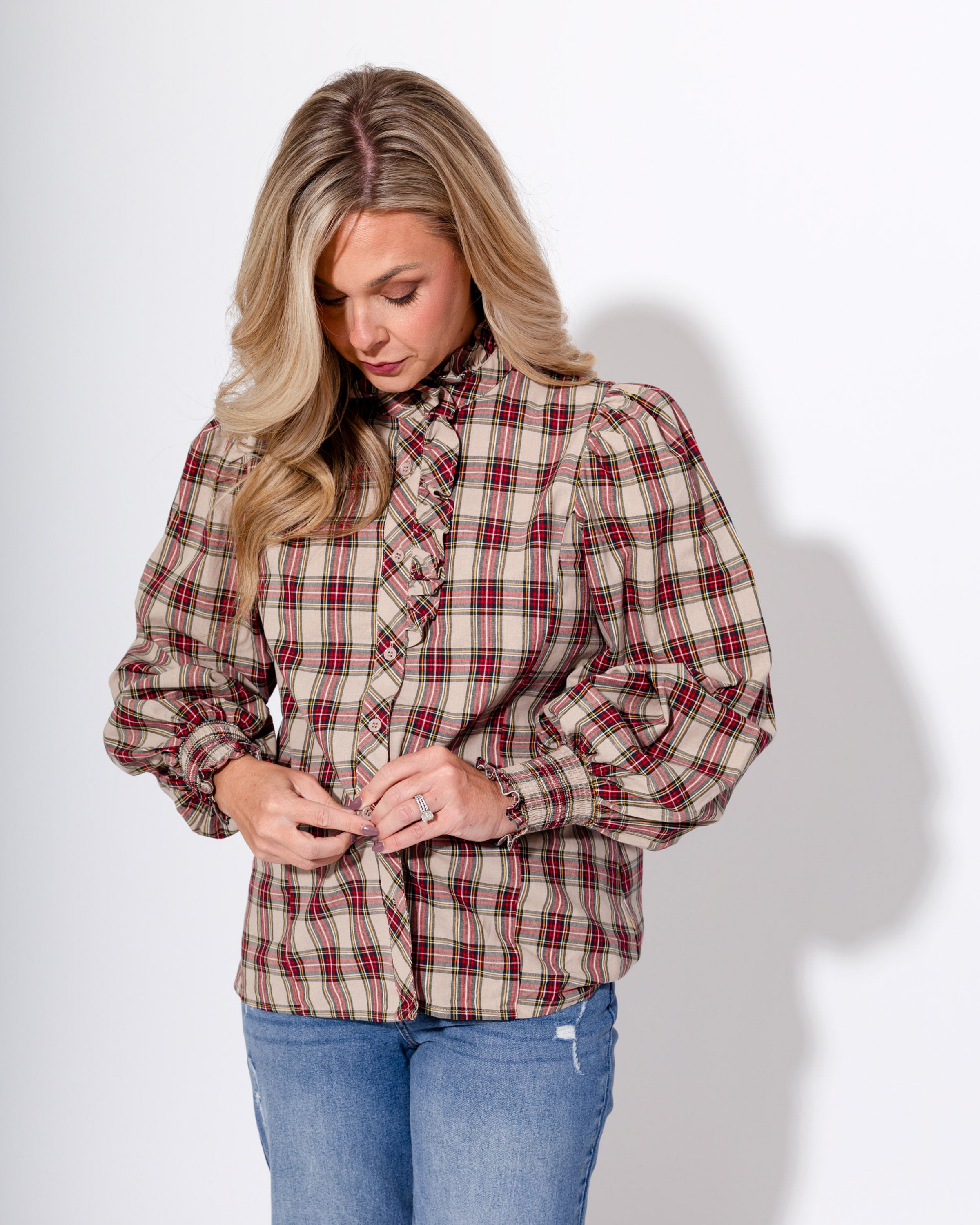 Smocked Cuff Plaid Top
