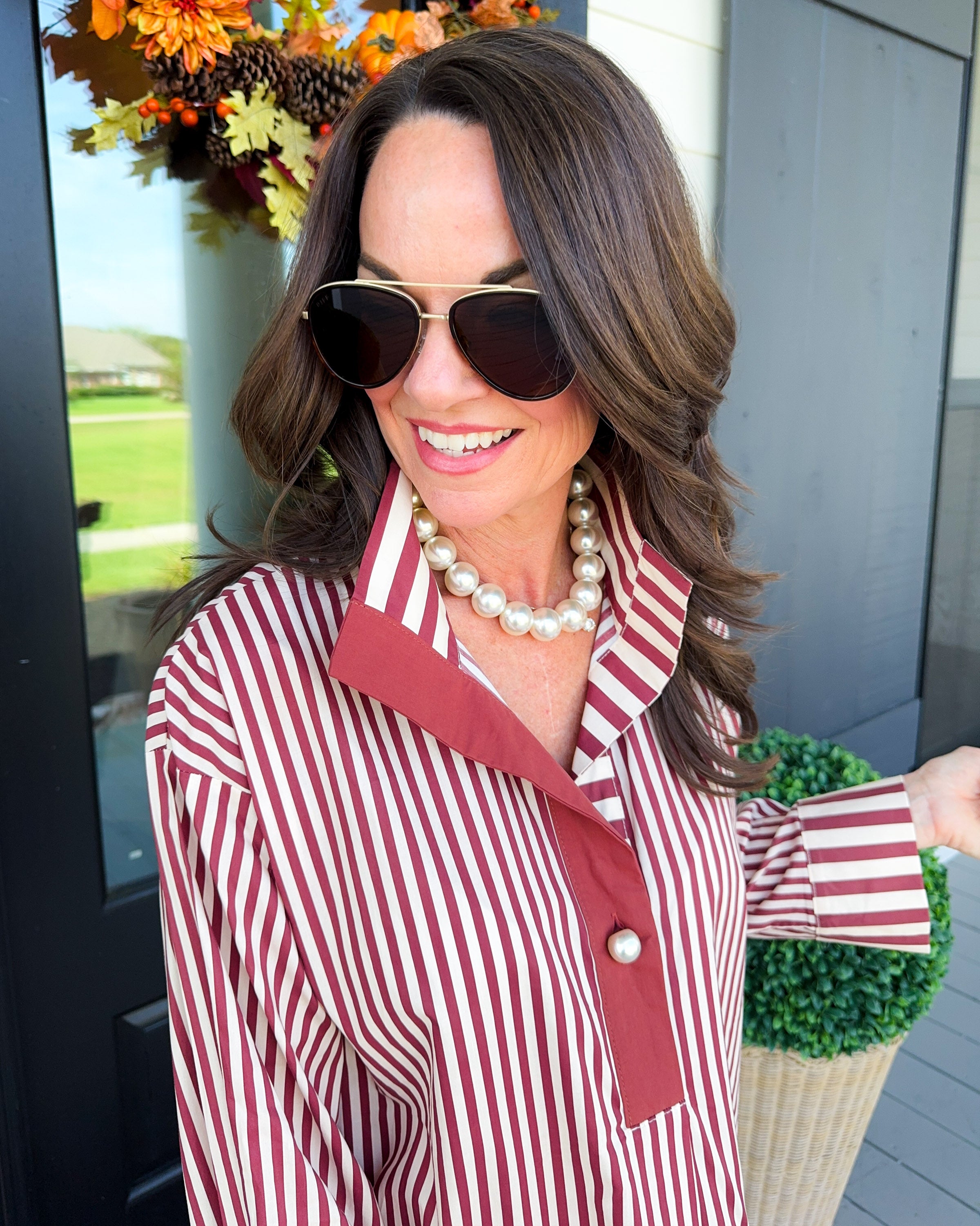 Striped Pearl Accent Button Top in Burgundy
