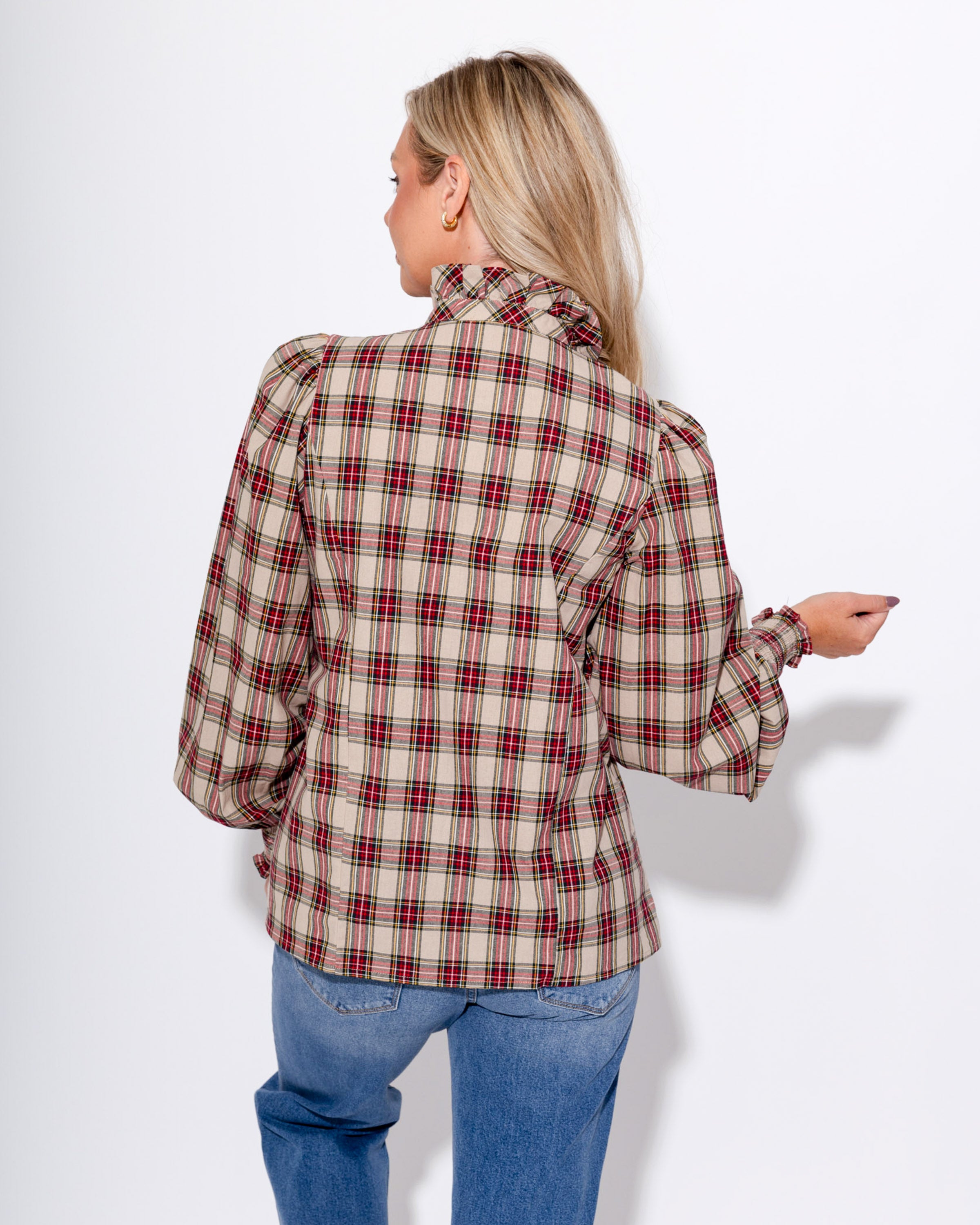 Smocked Cuff Plaid Top