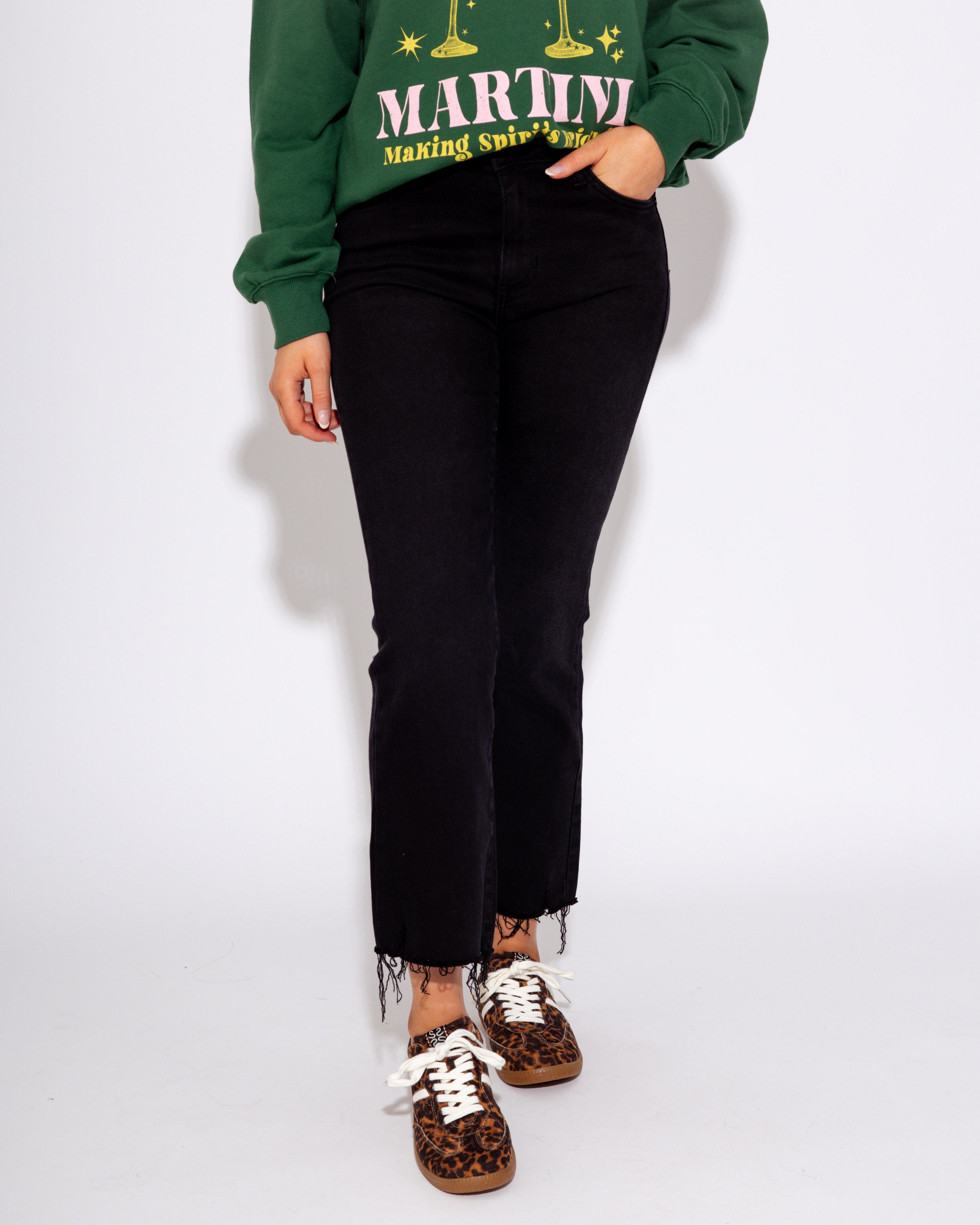 Crop & Flare Distressed Hem Jeans in Black