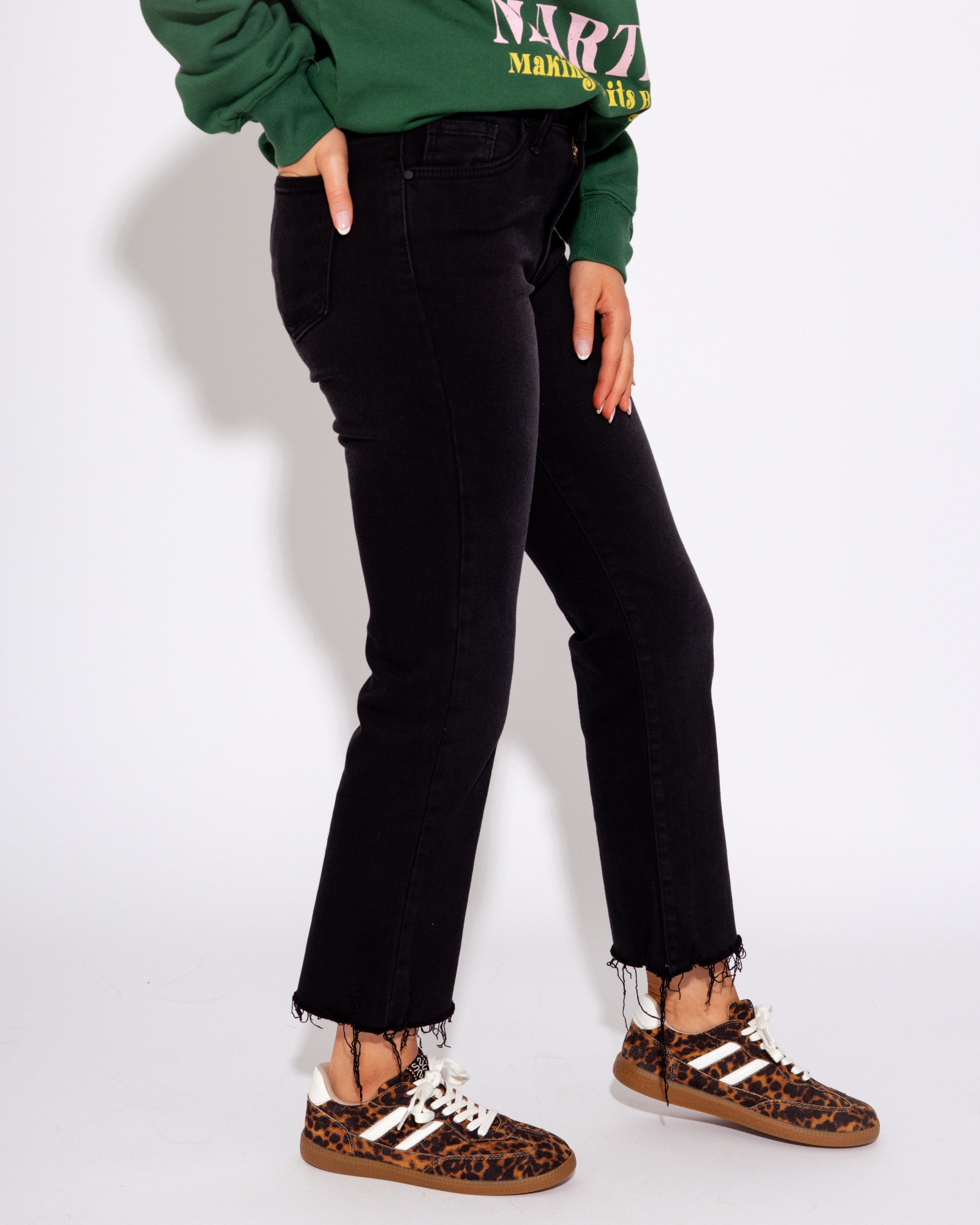 Crop & Flare Distressed Hem Jeans in Black