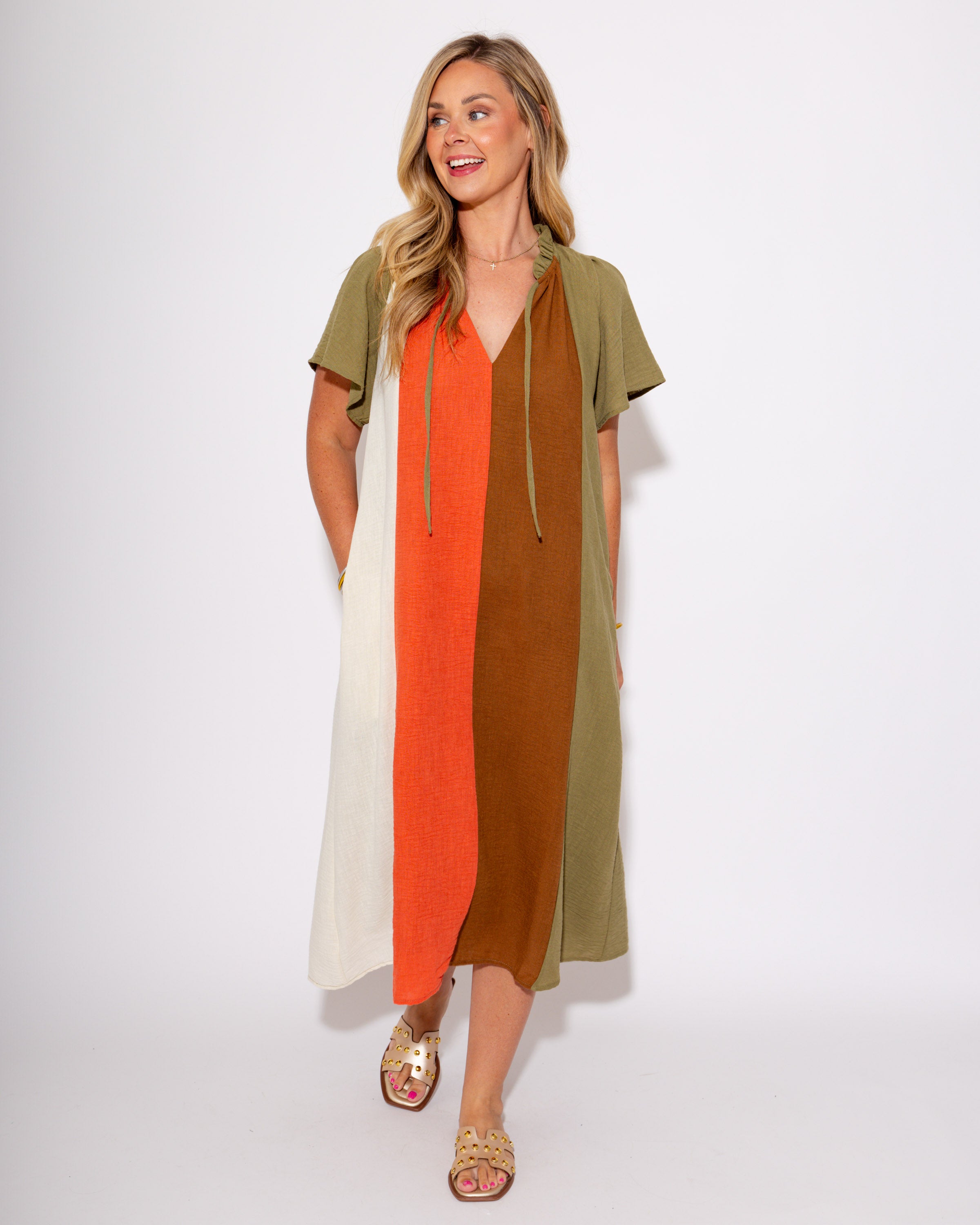 Color Block Stripes & Tie Midi Dress