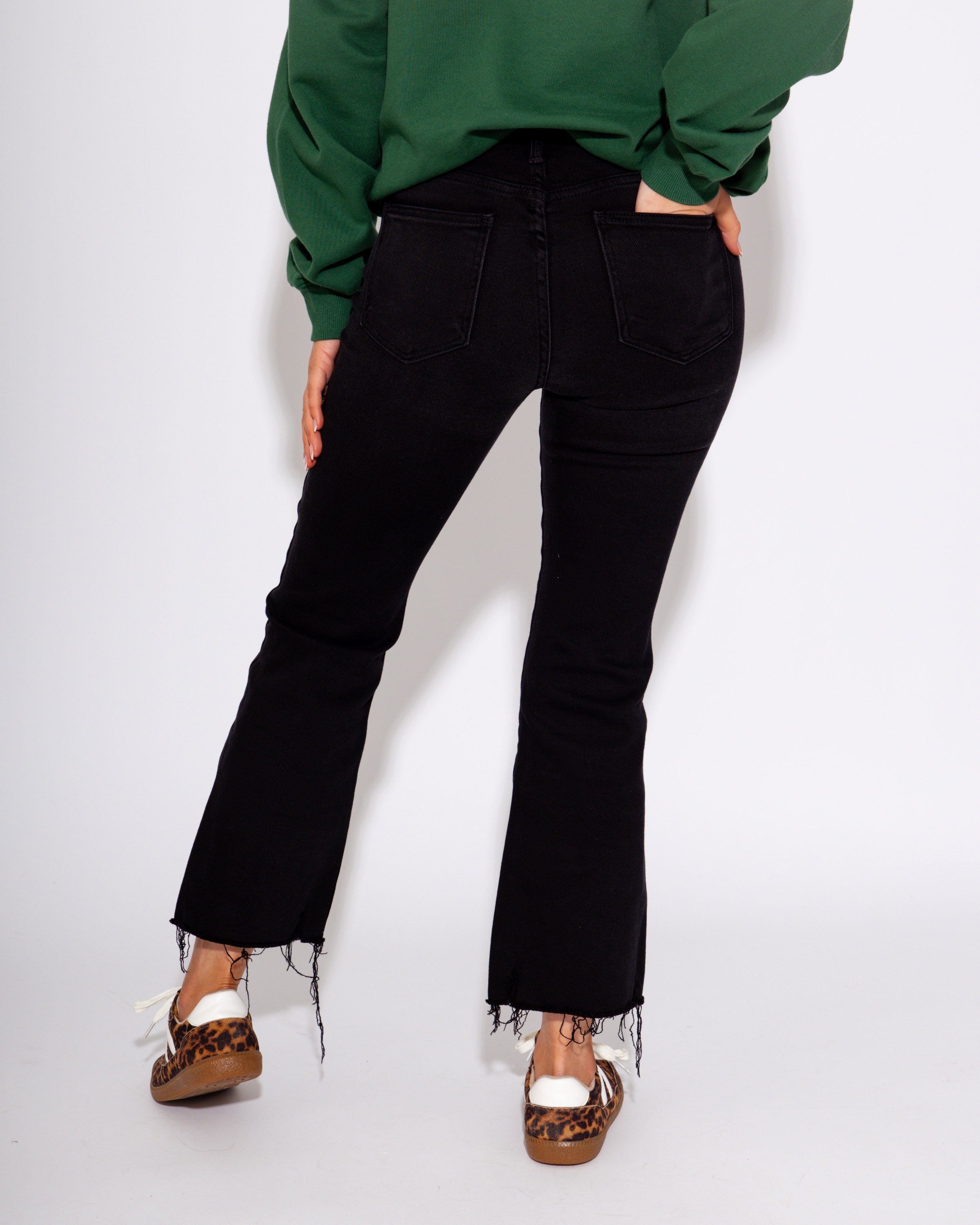 Crop & Flare Distressed Hem Jeans in Black