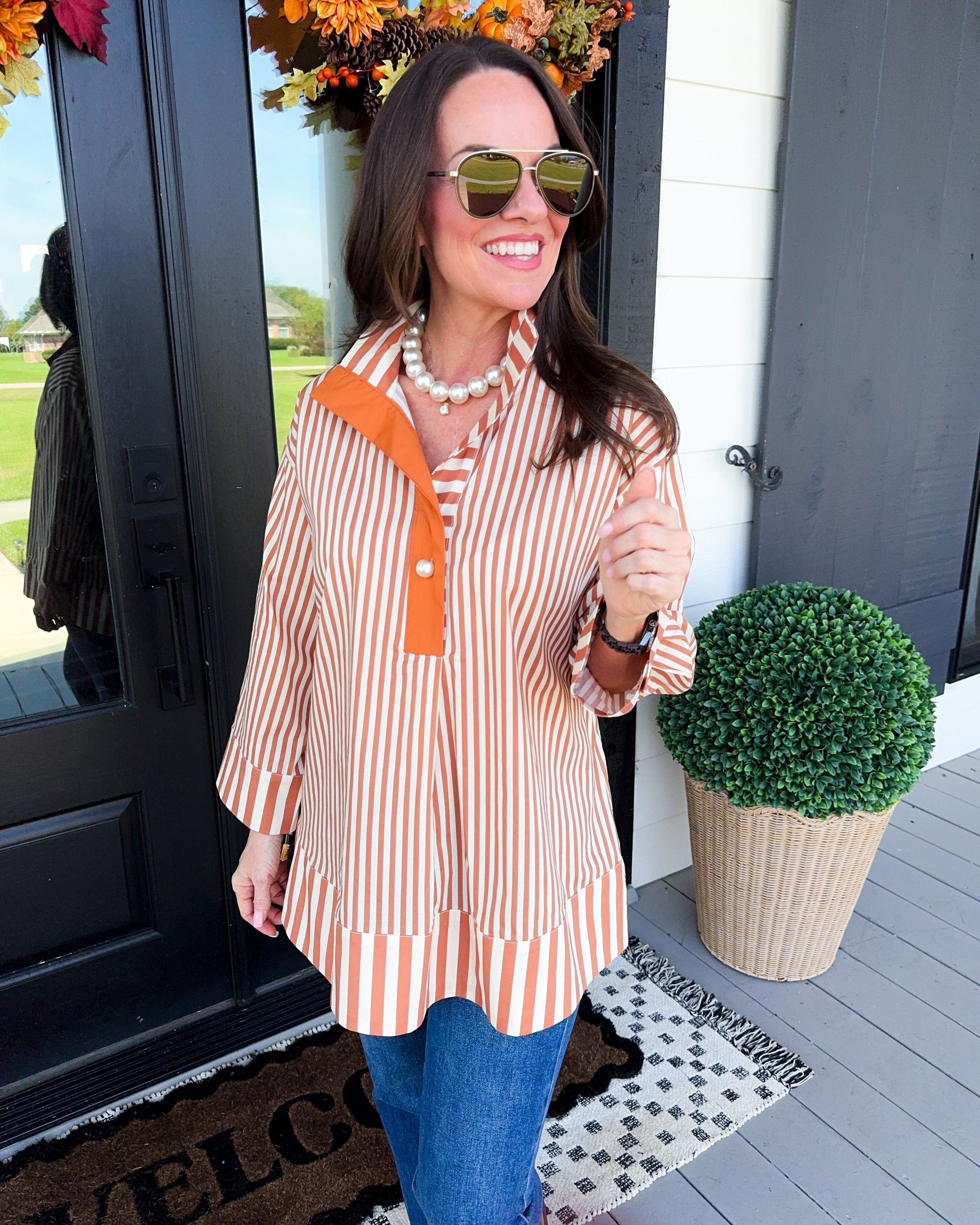 Striped Pearl Accent Button Top in Burnt Orange