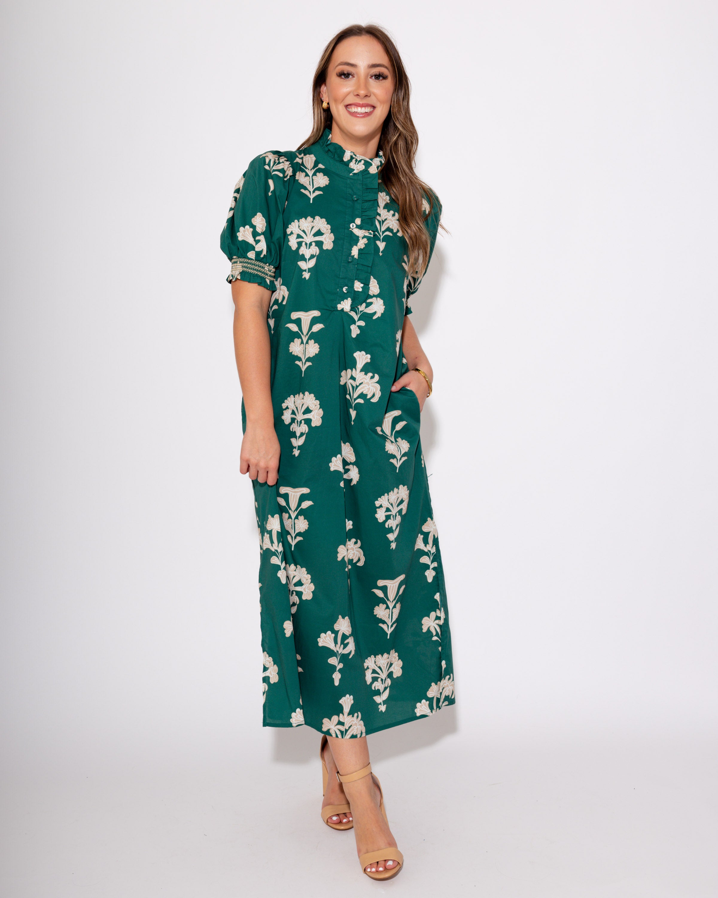 Garden Charm Puff Sleeve Midi Dress