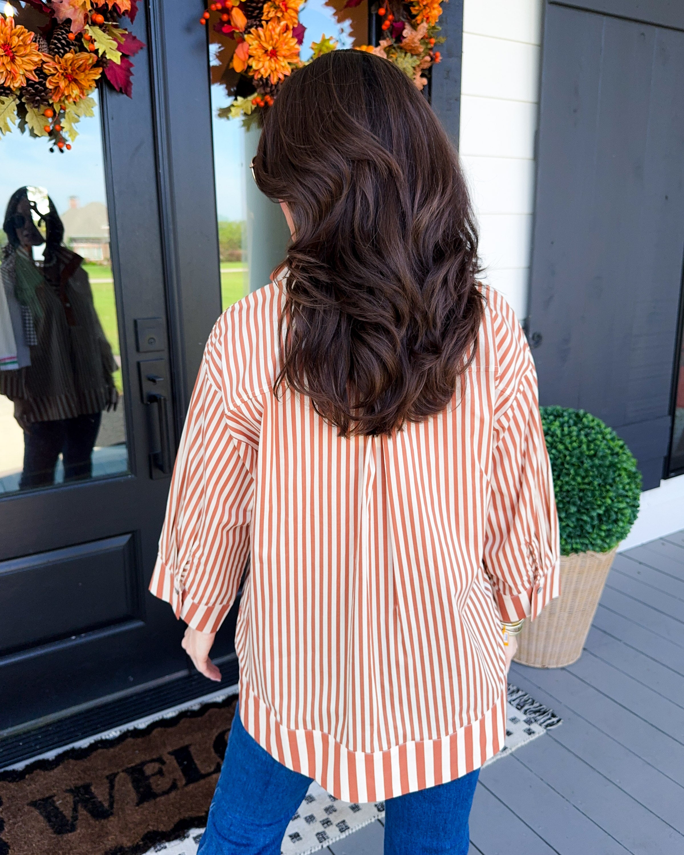 Striped Pearl Accent Button Top in Burnt Orange