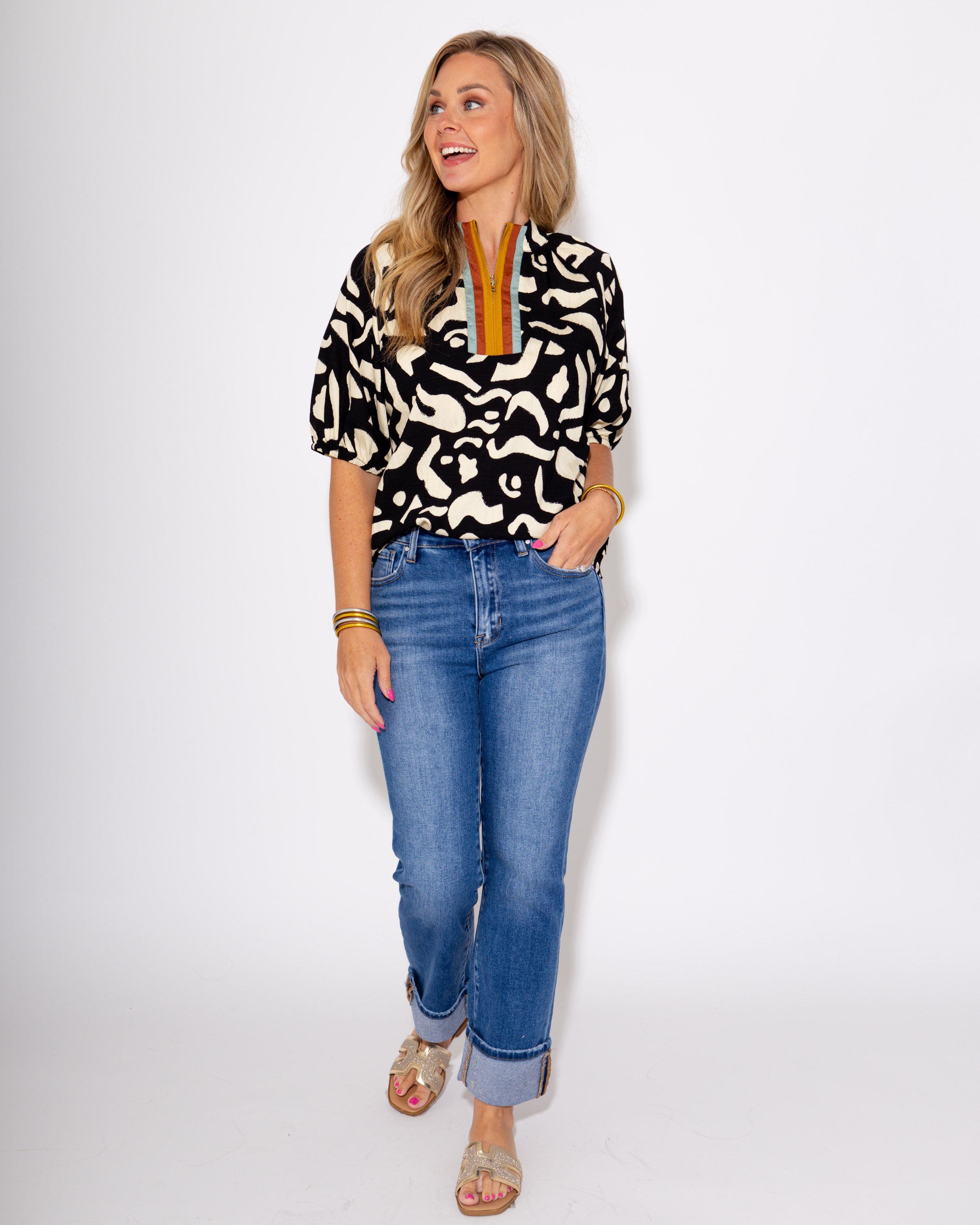 Contrast Zip Abstract Top