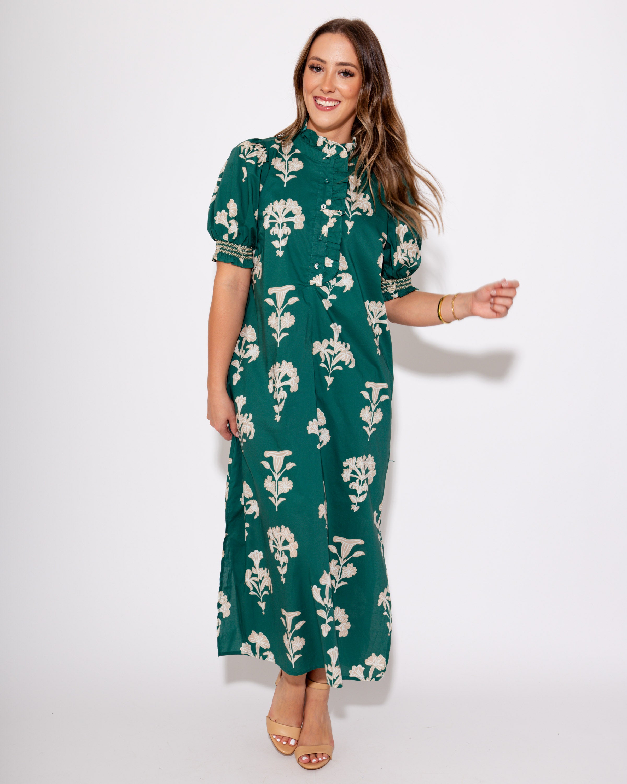 Garden Charm Puff Sleeve Midi Dress