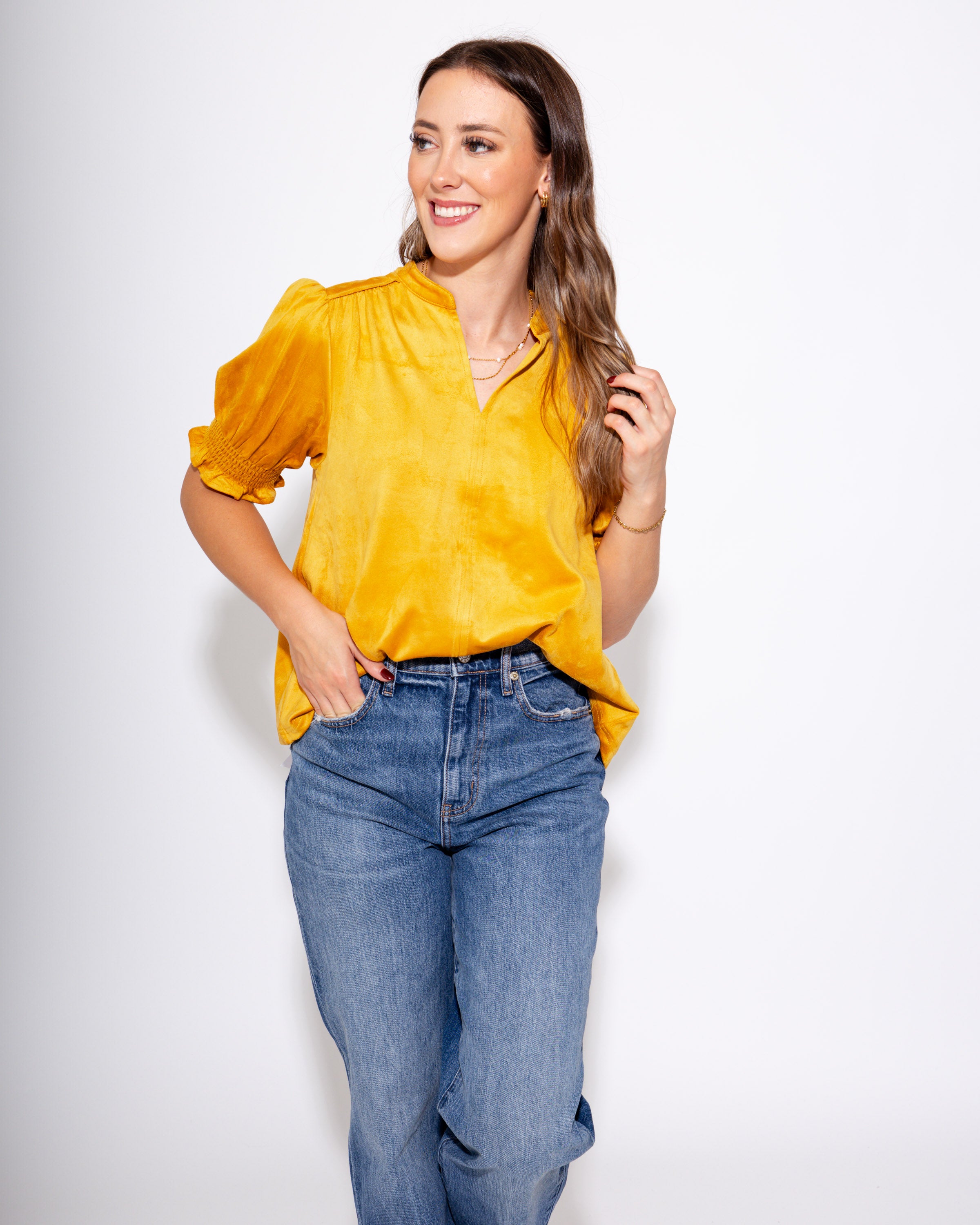 Ivy Jane | Suede Puff Sleeve Top in Gold
