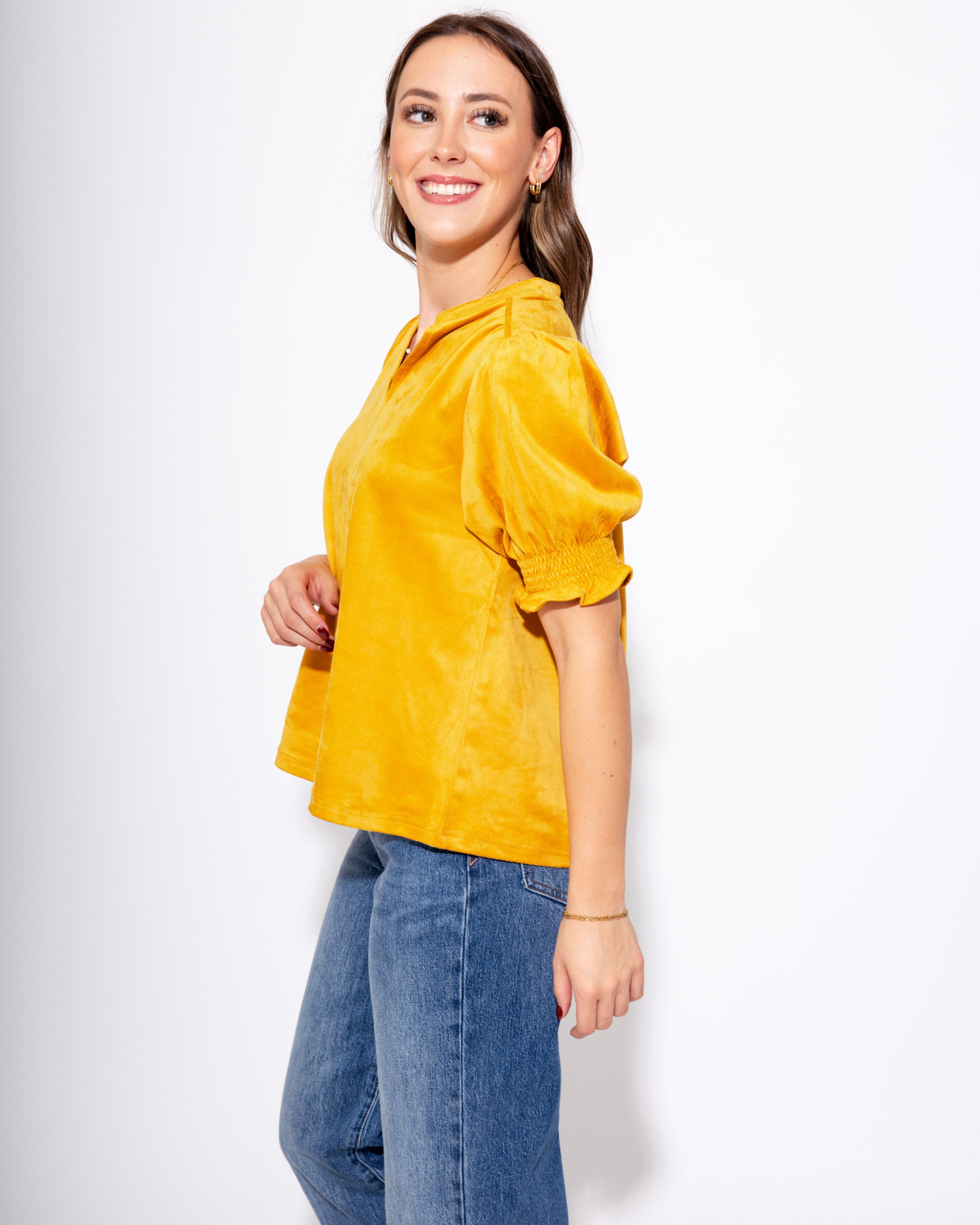 Ivy Jane | Suede Puff Sleeve Top in Gold
