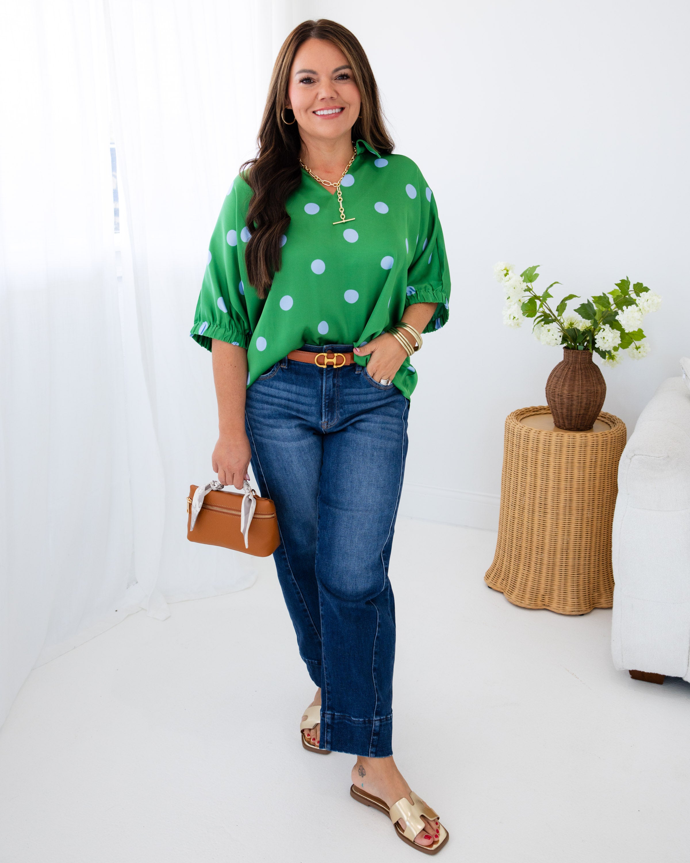 Polka Dot Satin Drop Shoulder Top