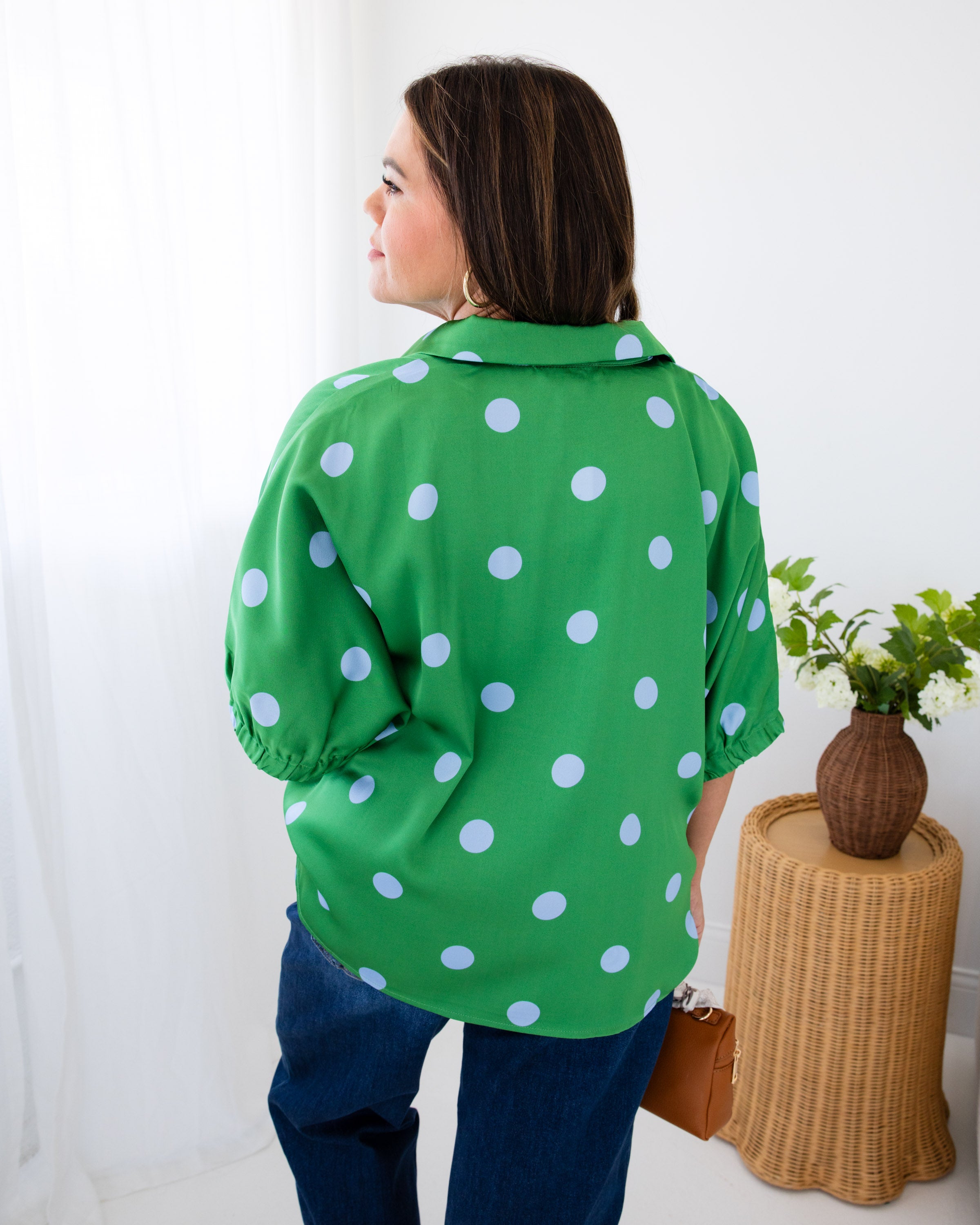 Polka Dot Satin Drop Shoulder Top